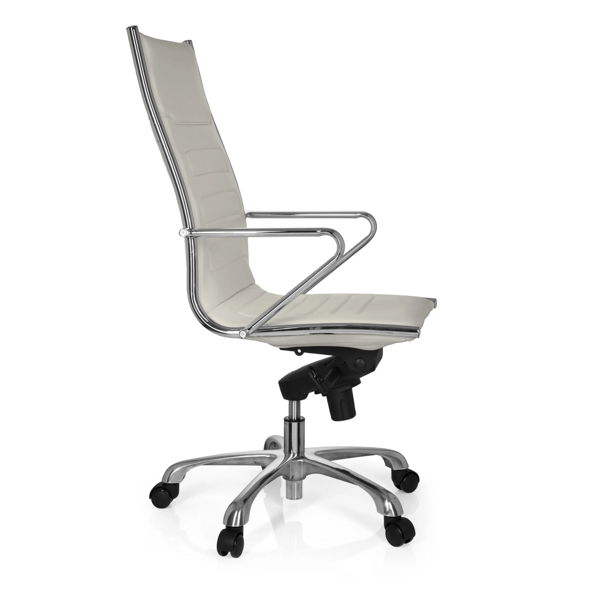 Poltrona professionale PARIBA III color crema con braccioli e base a cinque ruote di hjh OFFICE – vista a 360° (profilo laterale 80°)