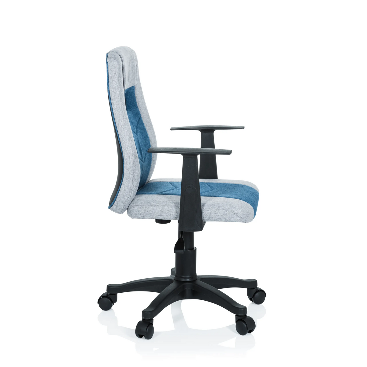 Sedia girevole per bambini KIDDY EXTRA grigio-blu con braccioli e base a cinque ruote di hjh OFFICE – vista a 360° (profilo laterale 80°)