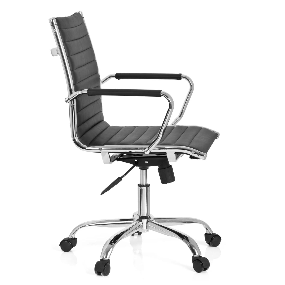 Poltrona professionale VEMONA 10 nera con impunture trasversali e base a cinque ruote di hjh OFFICE – vista a 360° (profilo laterale 80°)