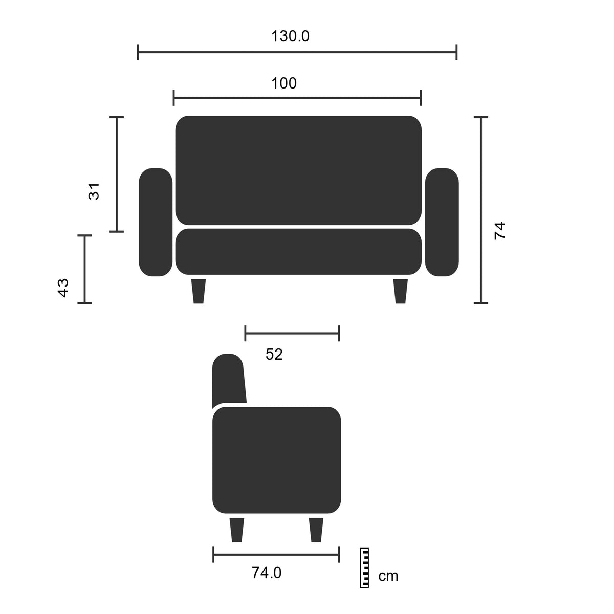 Disegno tecnico del Sofà lounge CURACAO con una larghezza di 130 cm di hjh OFFICE