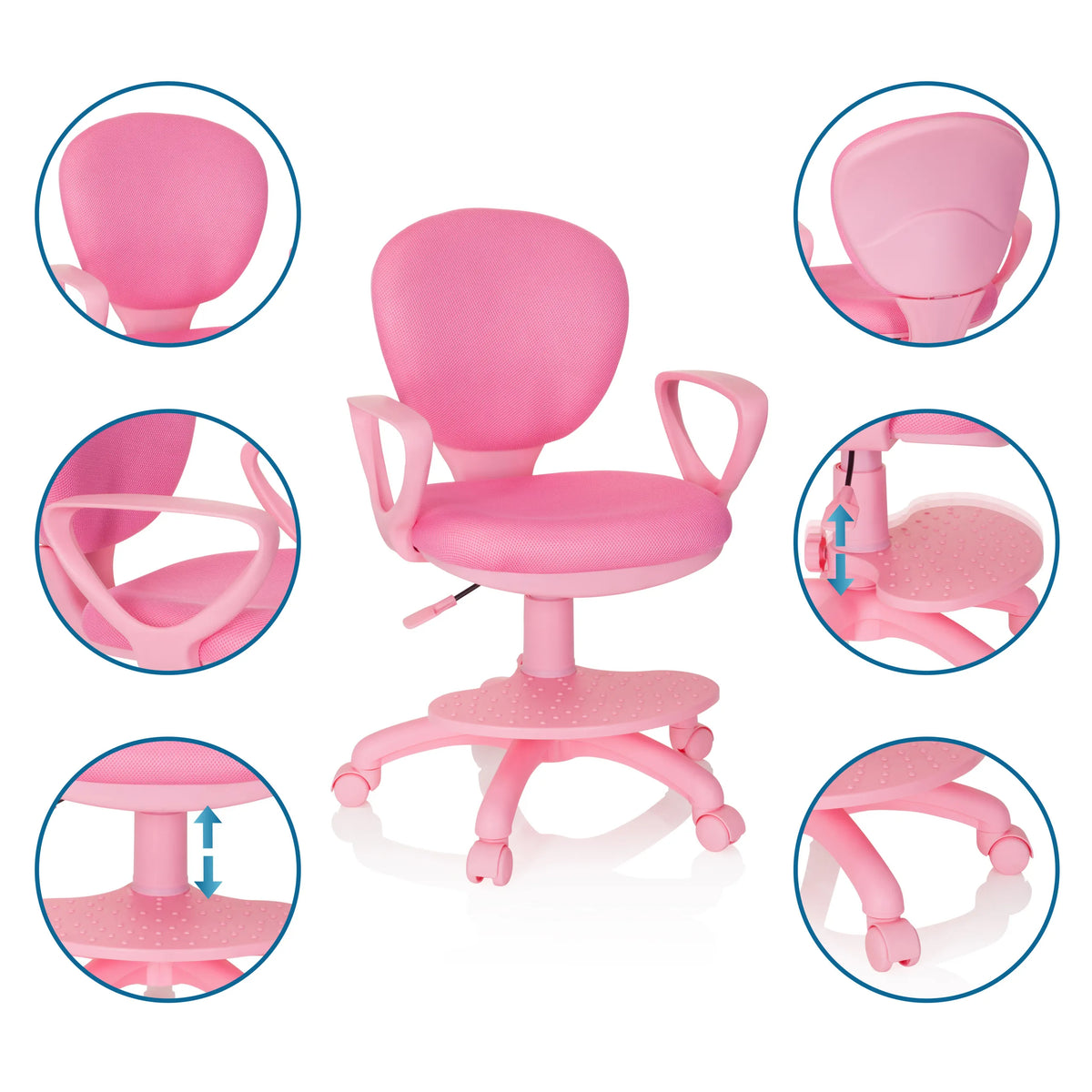 Sedia girevole per bambini KID COLOUR rosa con altezza del sedile regolabile e ruote di hjh OFFICE
