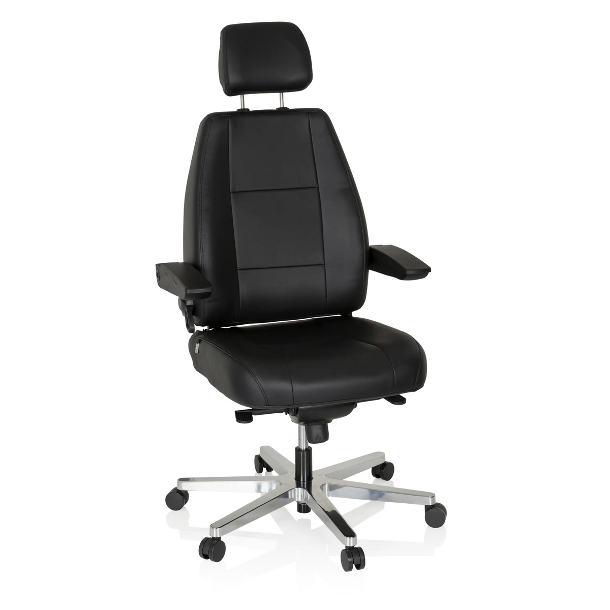 Sedia girevole XXL 24 HOURS nera in pelle con poggiatesta e base a cinque ruote di hjh OFFICE – vista a 360° (vista frontale 20°)