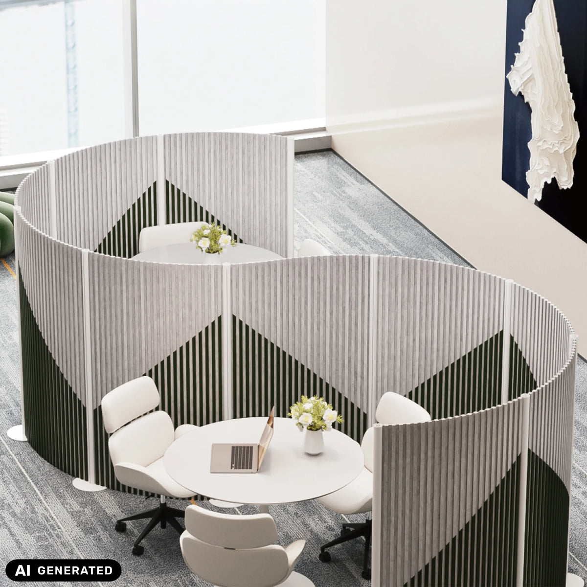 Pareti divisorie Flexmiut Wave grigie per la protezione visiva e acustica con motivo geometrico di hjh OFFICE (immagine generata dall’IA)