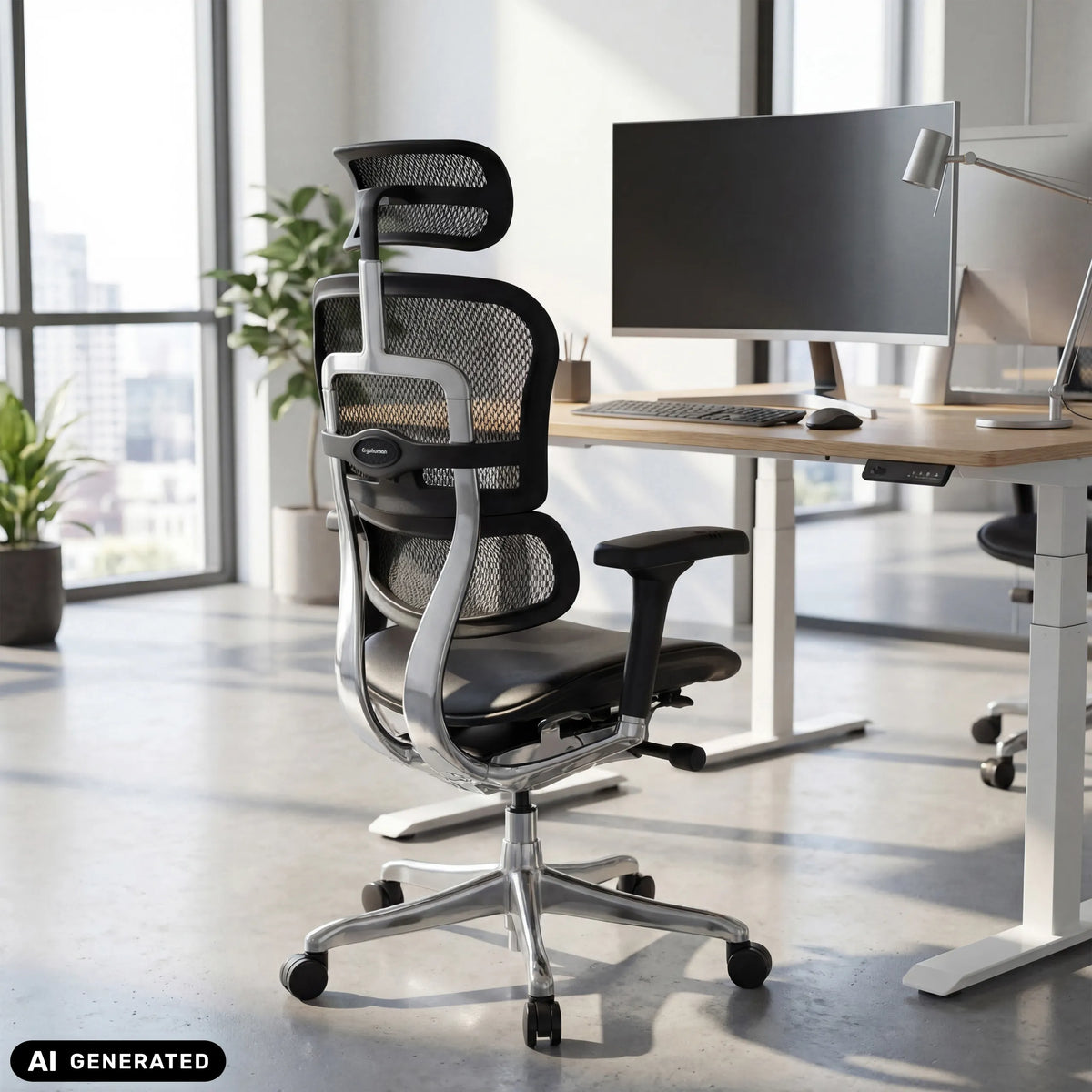 Poltrona di lusso ERGOHUMAN GEN2 con schienale in rete e rivestimento in pelle nera di hjh OFFICE (immagine generata dall’IA)