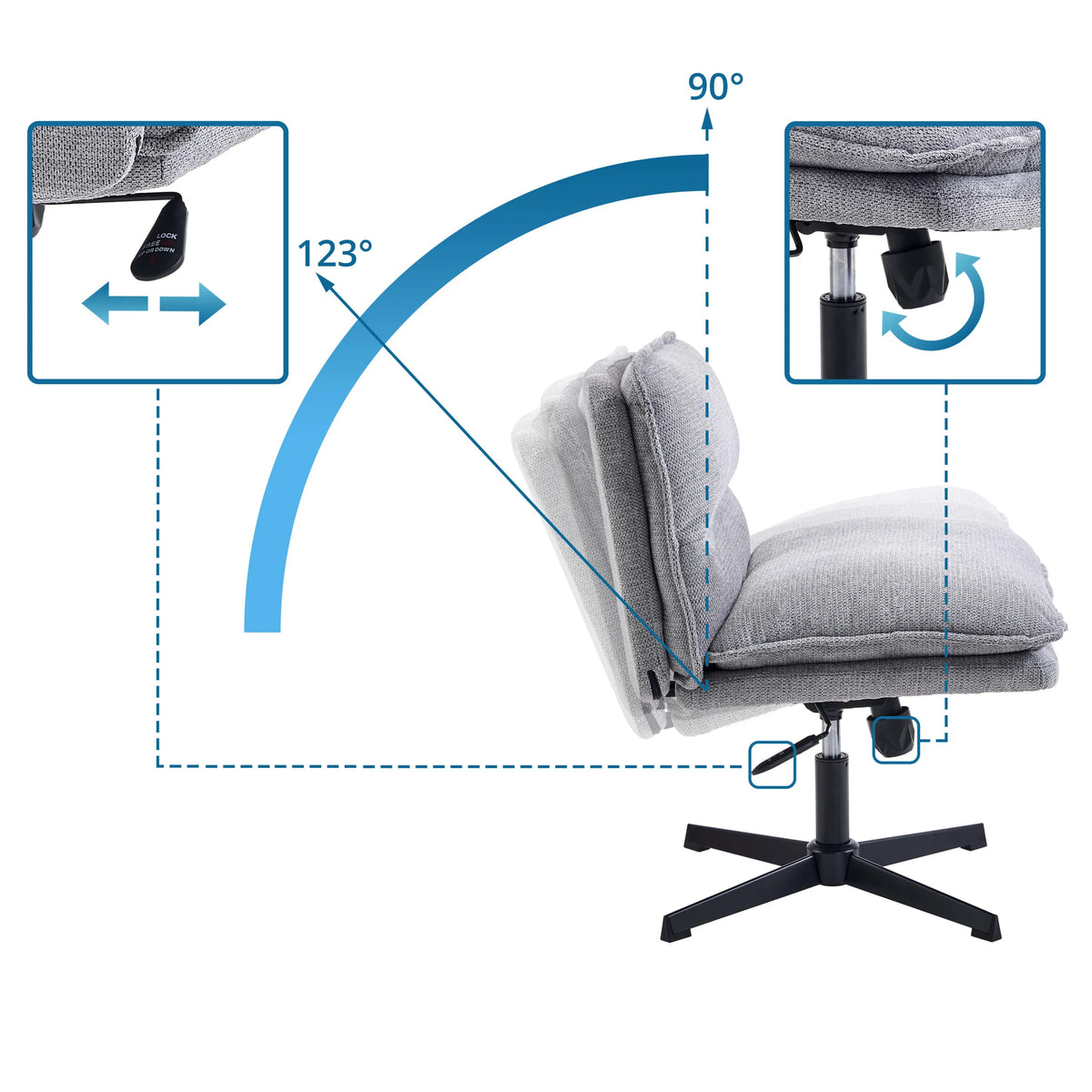 Schienale regolabile della poltrona lounge Criss-Cross 20 con angoli di inclinazione di 90° e 123° di hjh LIVING