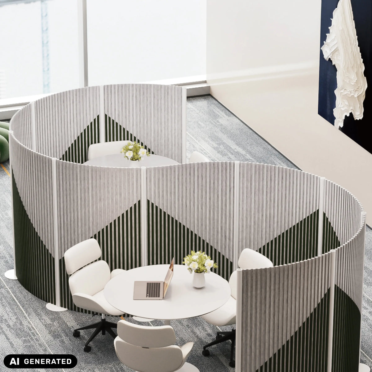 Pareti divisorie Flexmiut Wave grigie per la protezione visiva e acustica con motivo geometrico di hjh OFFICE (immagine generata dall’IA)