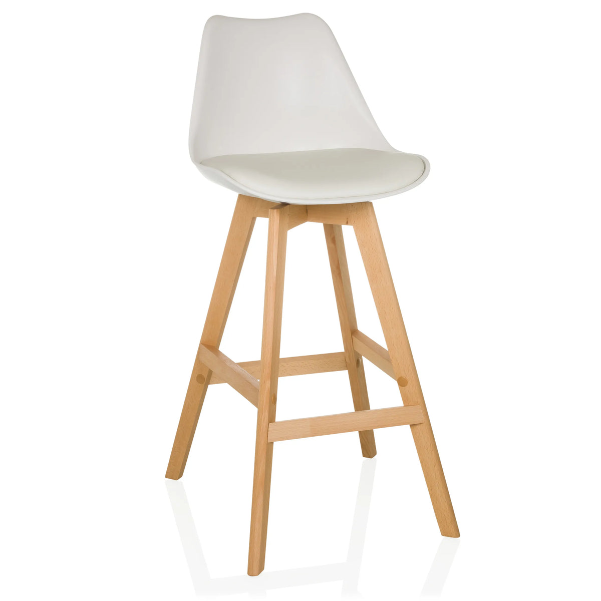 Sgabello da bar bianco SCANDI HIGH con struttura in legno e poggiapiedi di hjh LIVING – vista a 360° (vista frontale 15°)