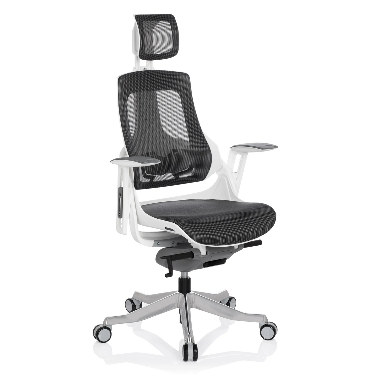 Sedia da ufficio professionale SPEKTRE grigia con schienale in rete e base a cinque ruote di hjh OFFICE – vista a 360° (vista frontale a tre quarti 40°)