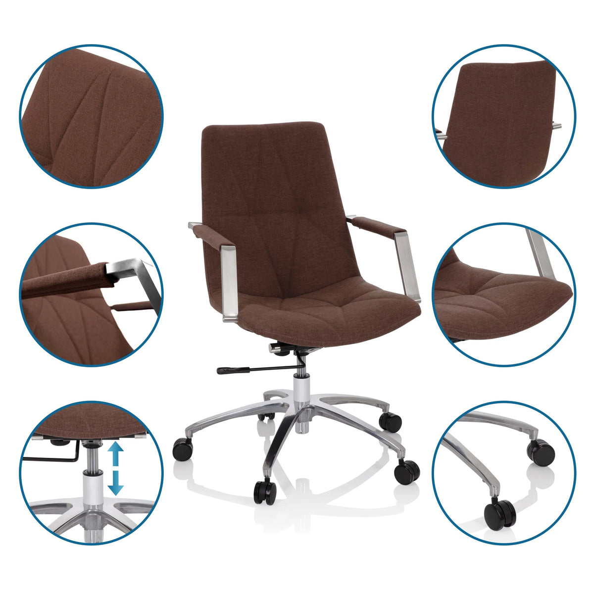 Sedia Home Office SARANTO II in marrone medio con viste dettagliate del tessuto, del bracciolo e della molla a gas di hjh OFFICE