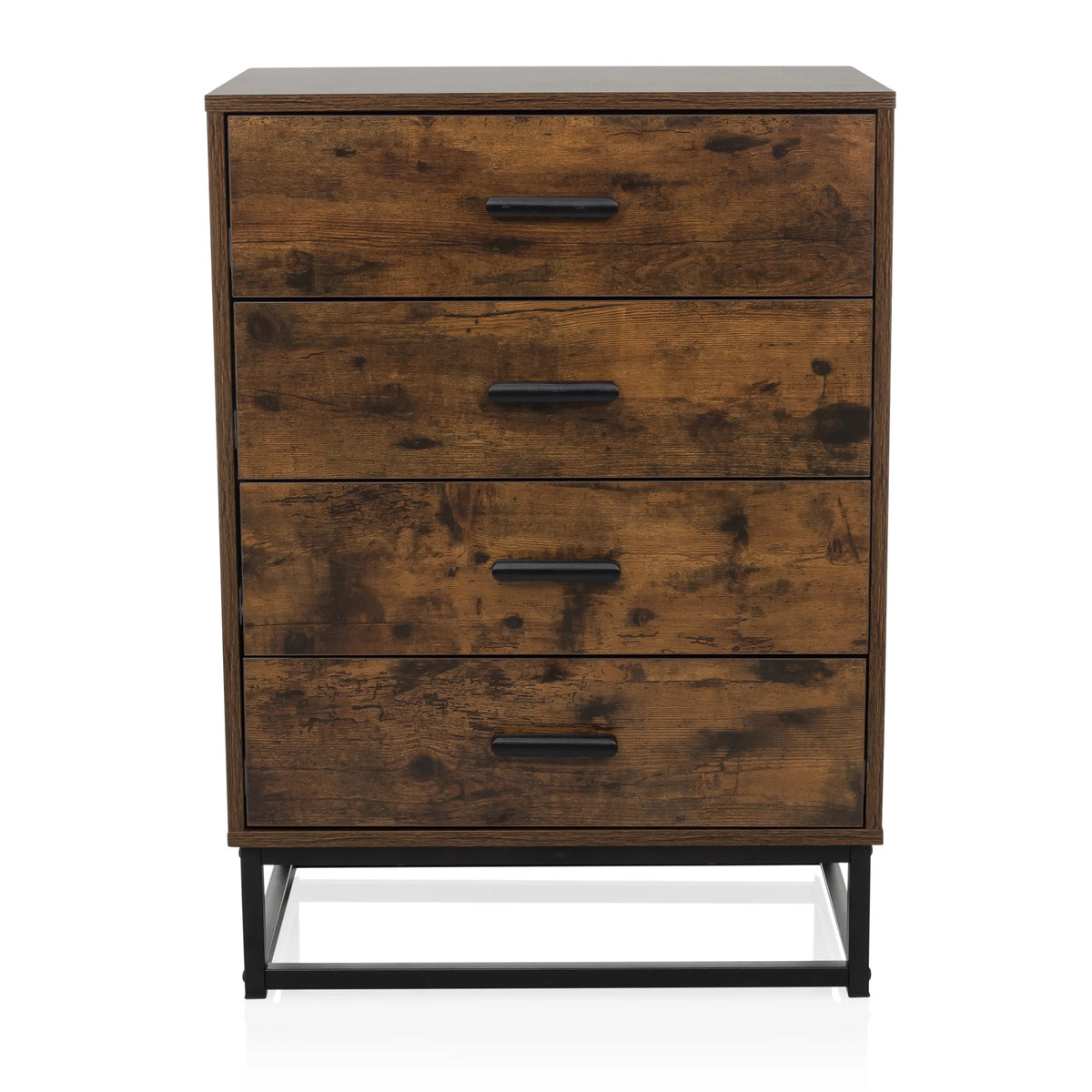 Cassettiera marrone VINSTRA con quattro cassetti e struttura in metallo nero di hjh LIVING – vista a 360° (vista frontale 0°)