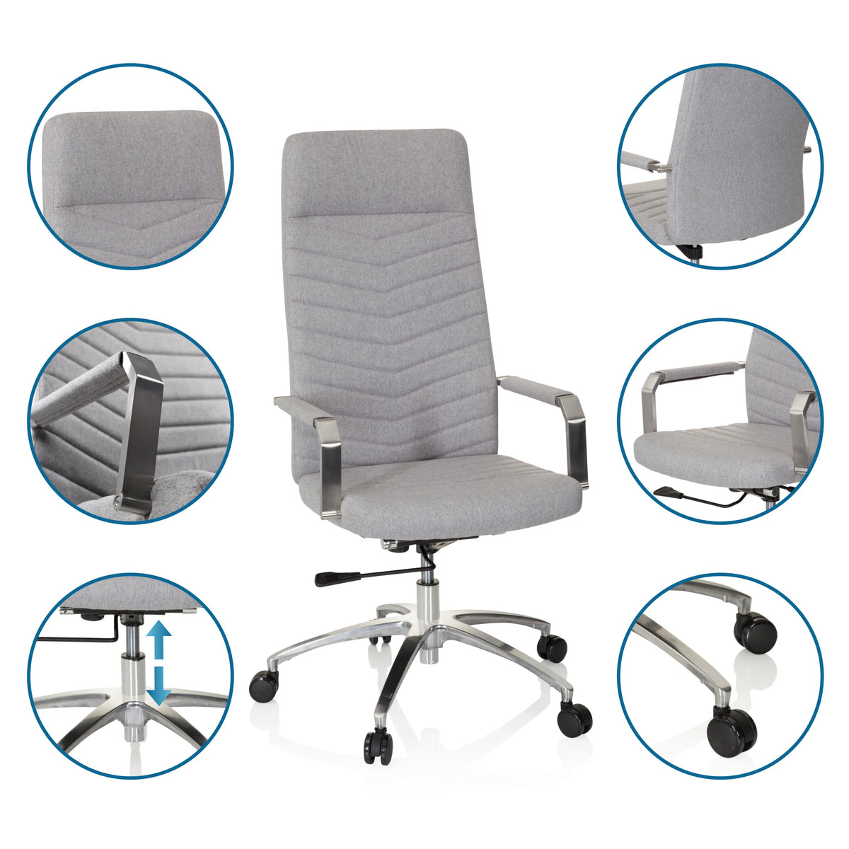 Sedia Home Office SARANTO PLUS grigio chiaro con viste dettagliate di tessuto, braccioli, pistone a gas e ruote di hjh OFFICE