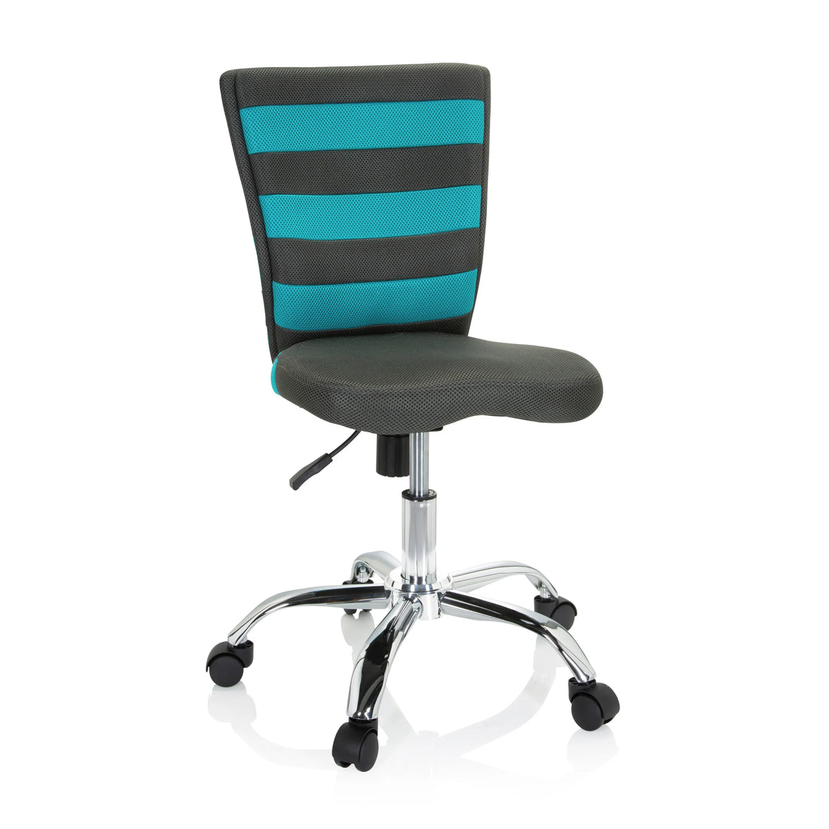 Sedia girevole per bambini KIDDY COMFORT I grigia con strisce turchesi nello schienale in rete e base a cinque ruote di hjh OFFICE – vista a 360° (vista frontale 20°)