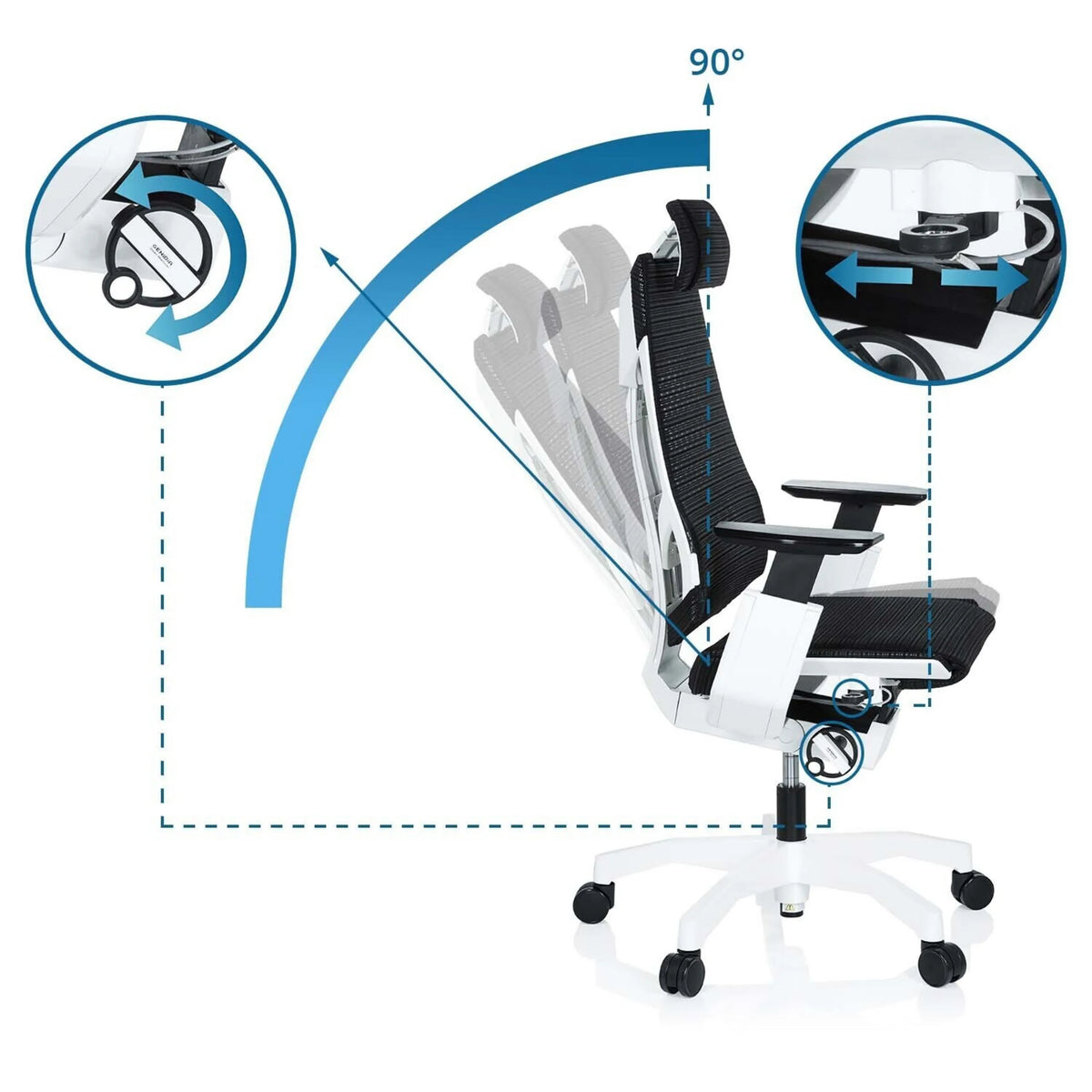 Schienale regolabile con inclinazione fino a 90 gradi della High-end Sedia da ufficio GENIDIA PRO WHITE di hjh OFFICE