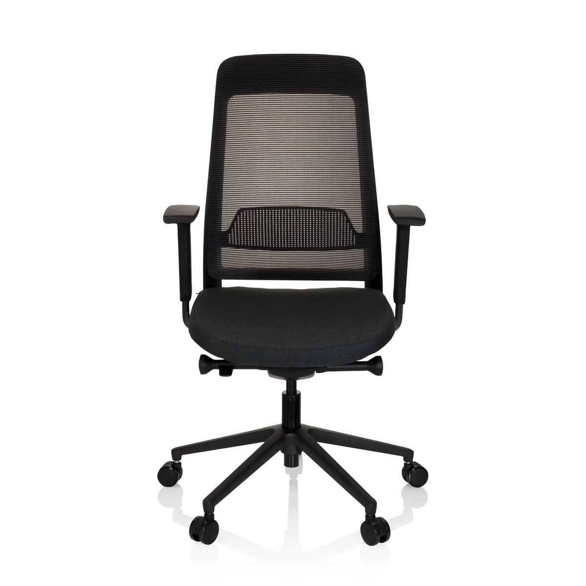 Sedia da ufficio professionale CHIARO T1 BLACK nera con schienale in rete e base a cinque ruote di hjh OFFICE – vista a 360° (vista frontale 0°)