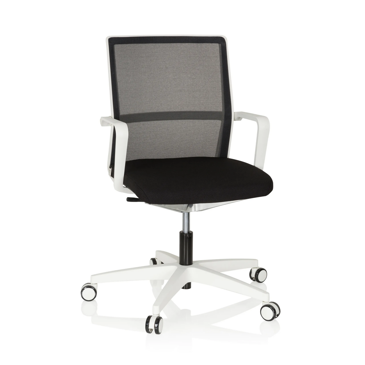 Sedia da ufficio professionale MOVE-TEC NET 3D W bianca e nera con schienale in rete e base bianca a cinque ruote di hjh OFFICE – vista a 360° (vista frontale 20°)