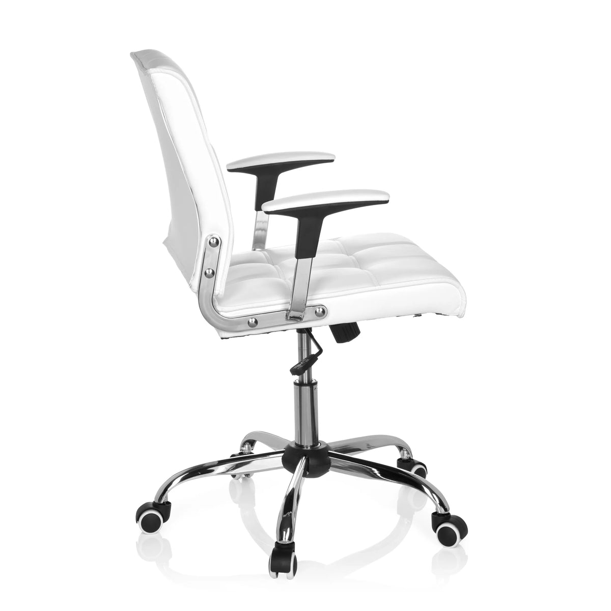 Sedia Home Office ERNESTO bianca con imbottitura trapuntata e base a cinque ruote di hjh OFFICE – vista a 360° (profilo laterale 100°)