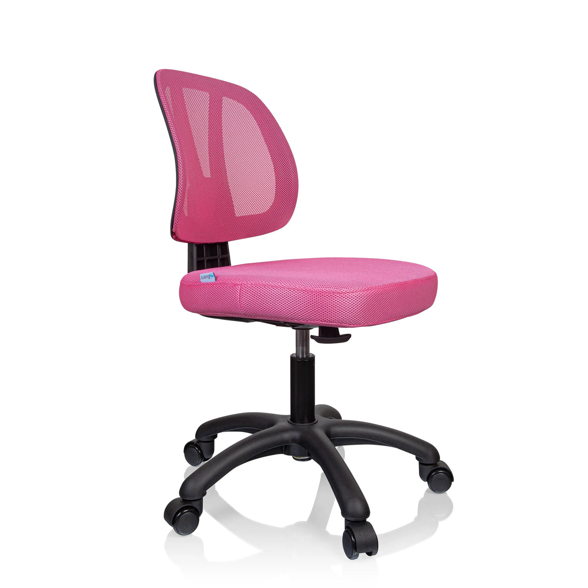 Sedia girevole per bambini KID YU 200 rosa con schienale in rete e base nera a cinque ruote di hjh OFFICE – vista a 360° (vista frontale a tre quarti 60°)
