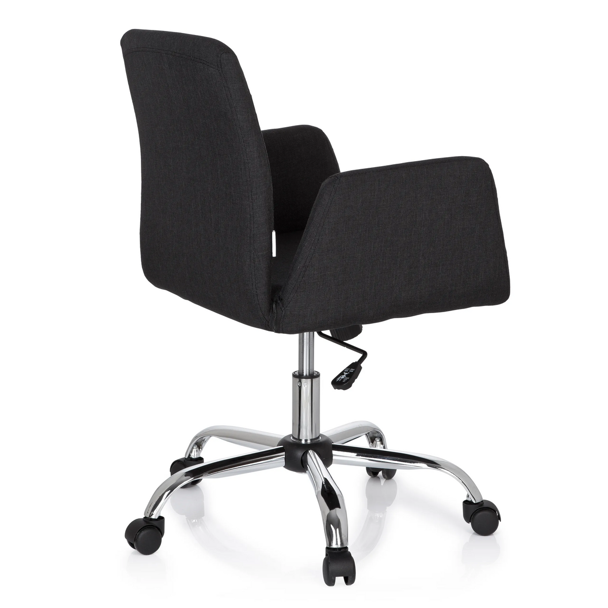 Sedia Home Office FLOW nera con braccioli e base cromata a cinque ruote di hjh OFFICE – vista a 360° (vista posteriore a tre quarti 120°)