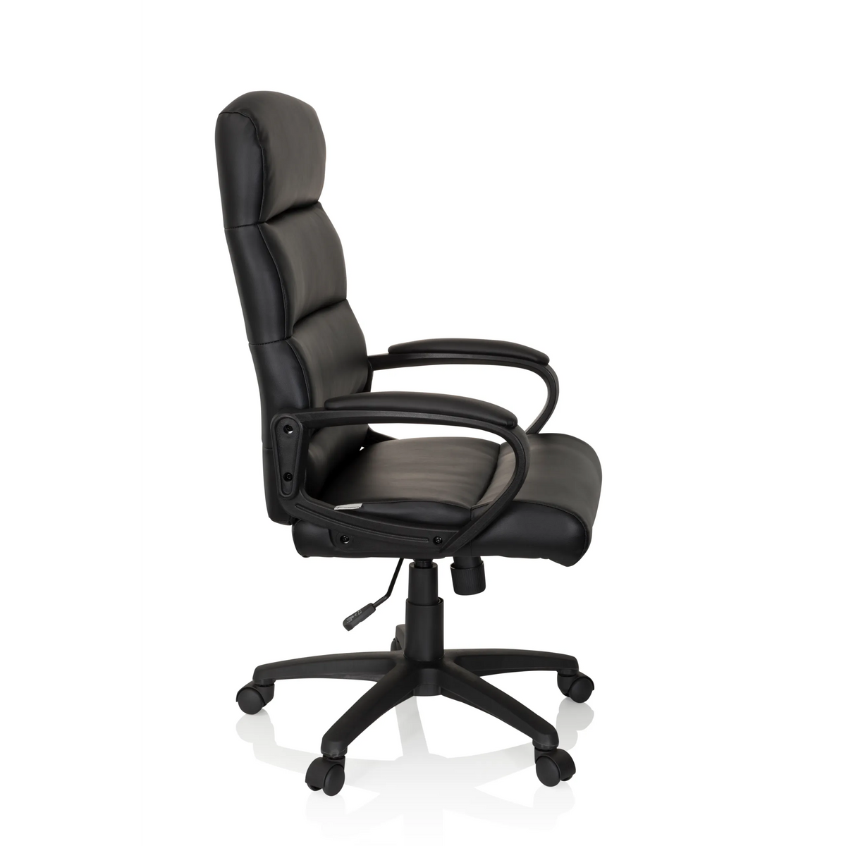 Poltrona professionale FUTURA 100 nera con imbottitura trapuntata e base a cinque ruote di hjh OFFICE – vista a 360° (profilo laterale 80°)