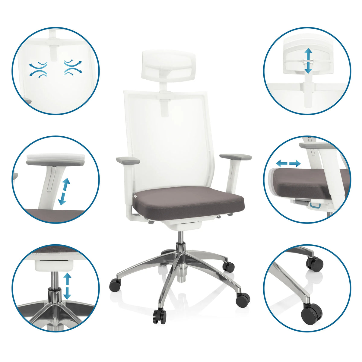 Meccanismi di regolazione della Sedia da ufficio professionale ASPEN WHITE PRO in grigio-bianco di hjh OFFICE