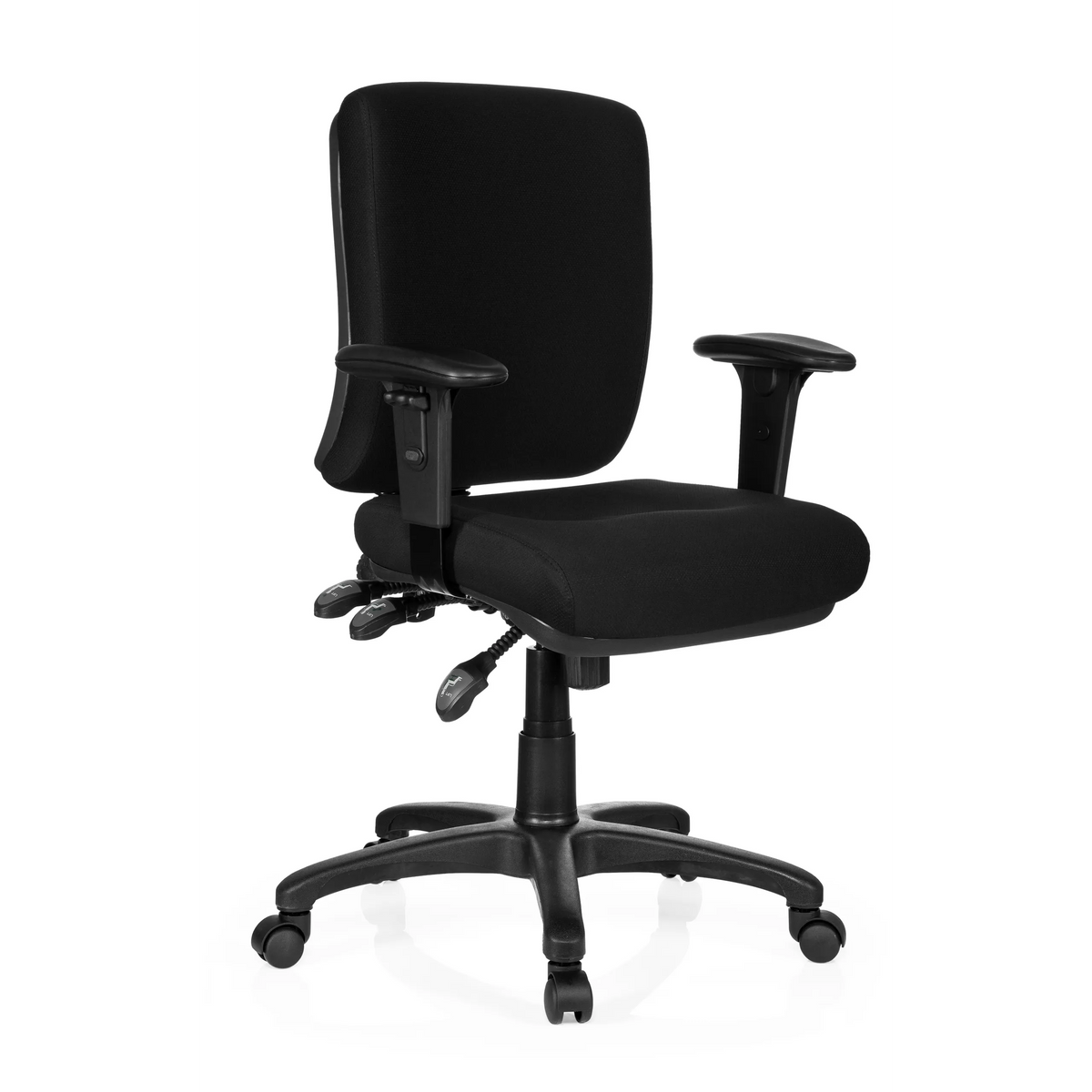 Sedia da ufficio professionale ZENIT BASE nera con braccioli e base a cinque ruote di hjh OFFICE – vista a 360° (vista frontale a tre quarti 40°)