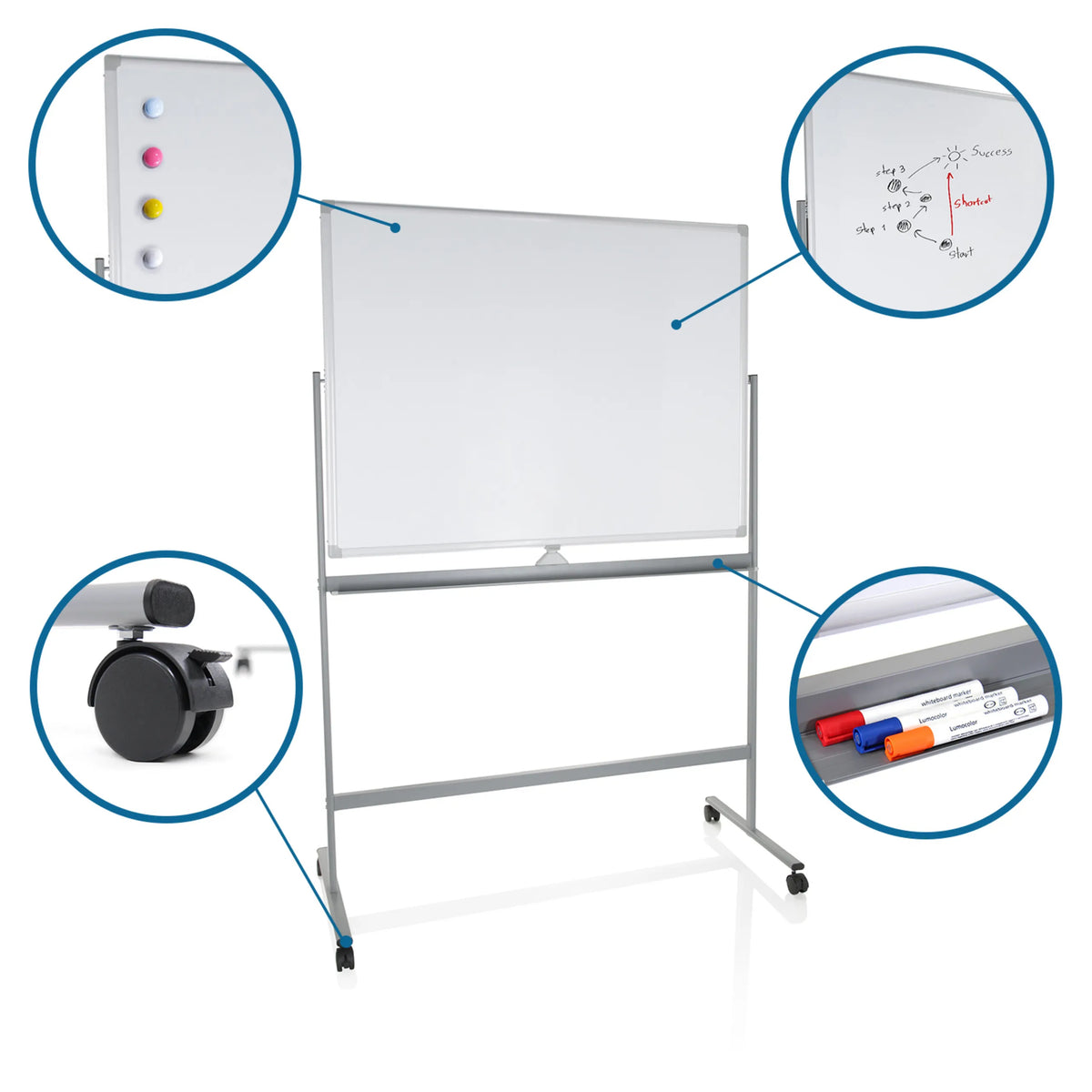Lavagna bianca MULTIBOARD I in bianco-argento con ruote, pennarelli magnetici e ripiano di hjh OFFICE