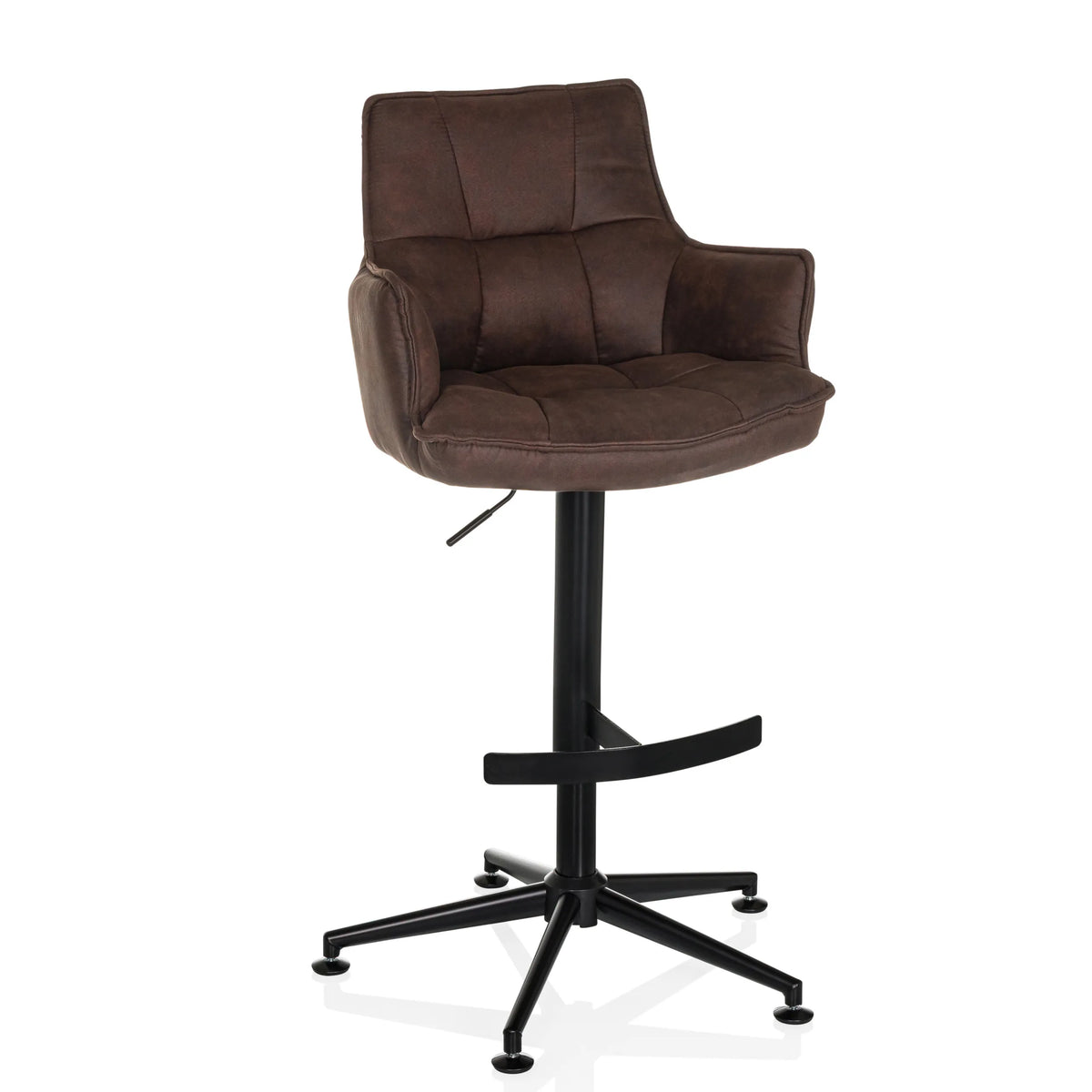 Sgabello da bar SOLAO LIFE HIGH marrone con imbottitura trapuntata e base a croce nera di hjh LIVING – vista a 360° (vista frontale 15°)