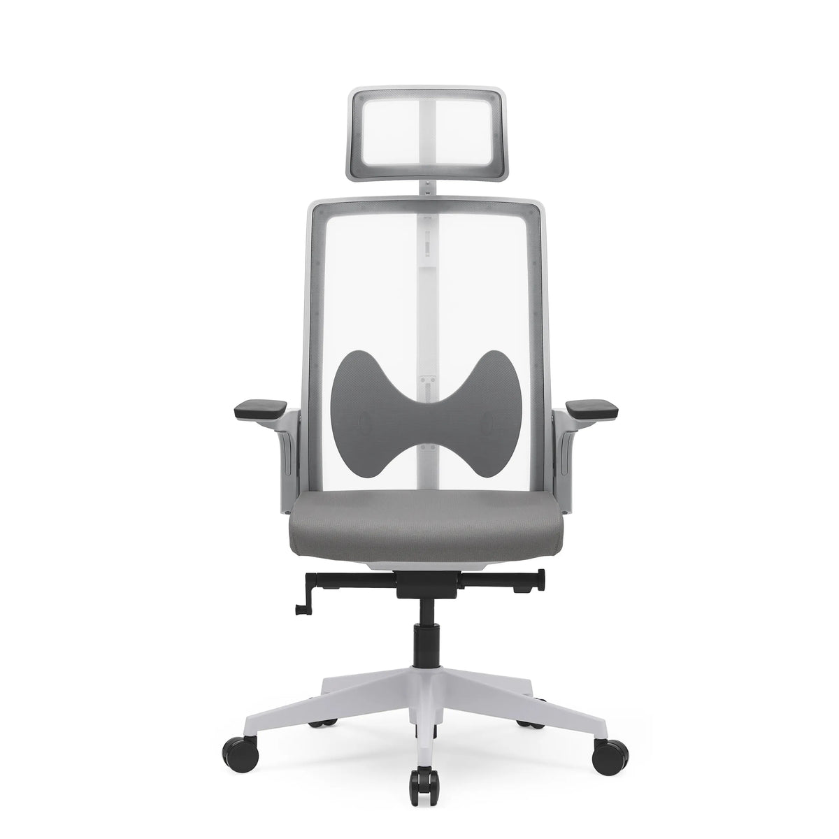 Sedia da ufficio professionale ARCEO W grigia con schienale in rete, poggiatesta e base a cinque ruote di hjh OFFICE – vista a 360° (vista frontale 0°)