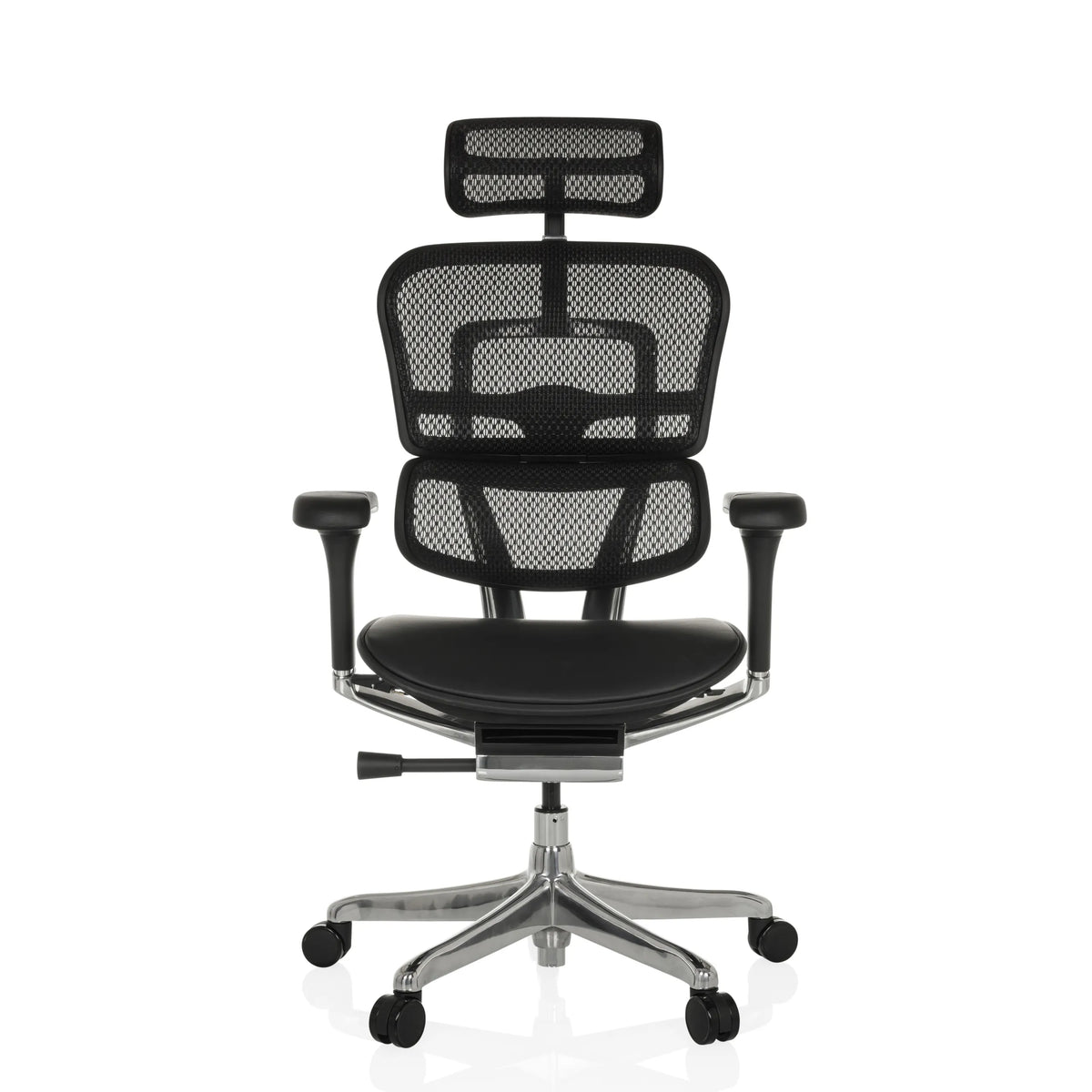 Poltrona di lusso ERGOHUMAN GEN2 nera con schienale in rete, seduta in pelle e base a cinque ruote di hjh OFFICE – vista a 360° (vista frontale 0°)