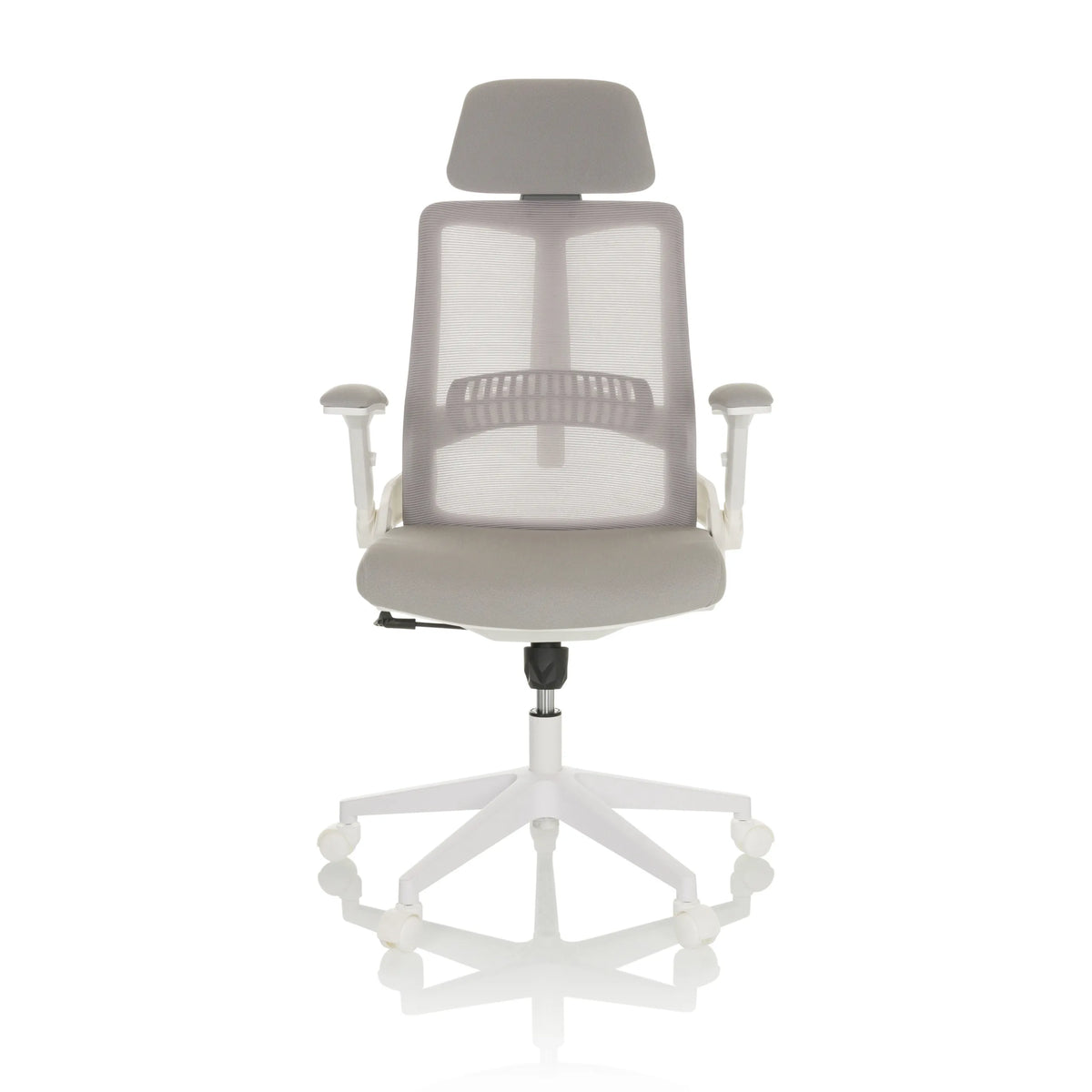 Sedia Home Office VENDO W grigia con schienale in rete e base bianca a cinque ruote di hjh OFFICE – vista a 360° (vista frontale 0°)