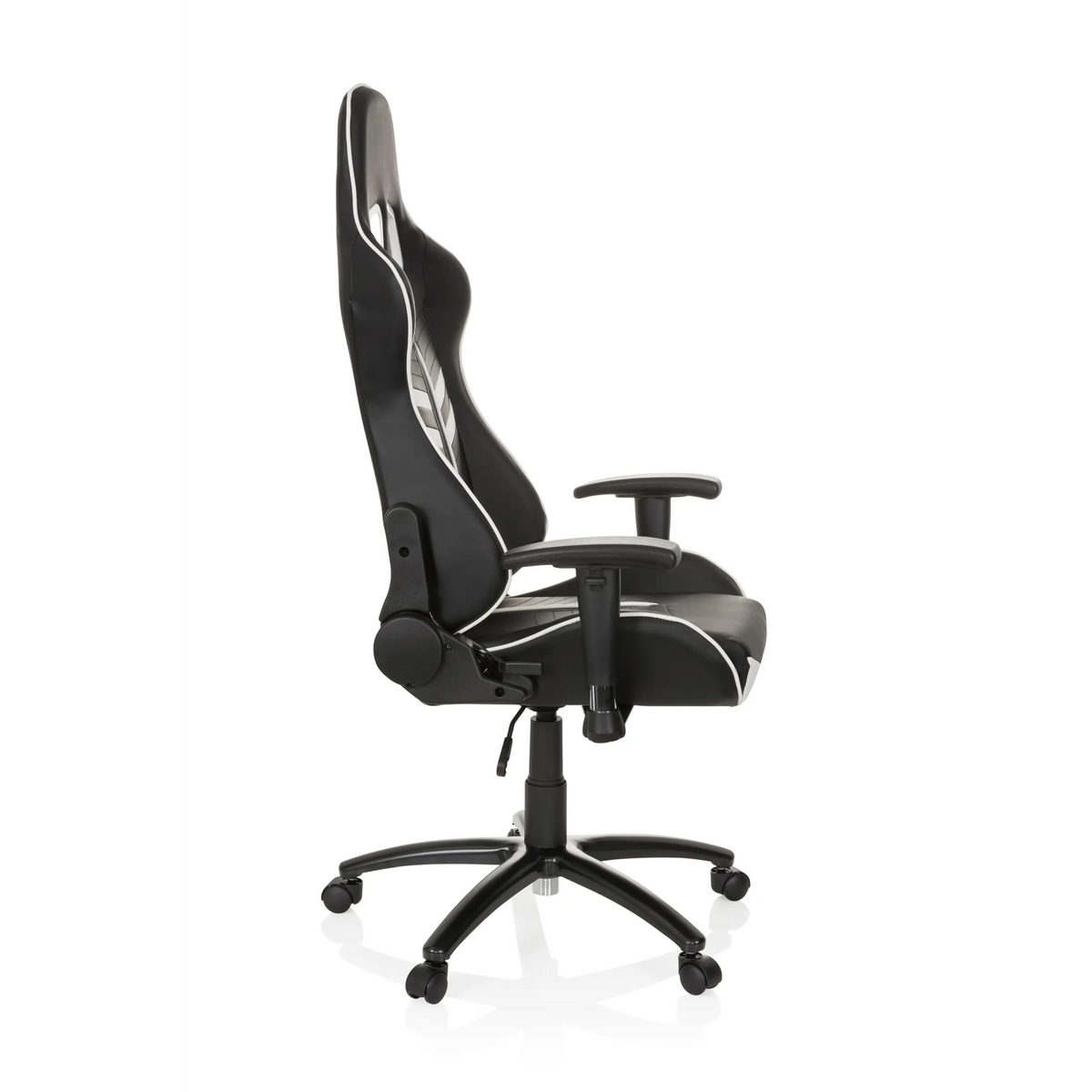 Sedia da gaming LEAGUE PRO bianca e nera con poggiatesta e base a cinque ruote di hjh OFFICE – vista a 360° (profilo laterale 80°)