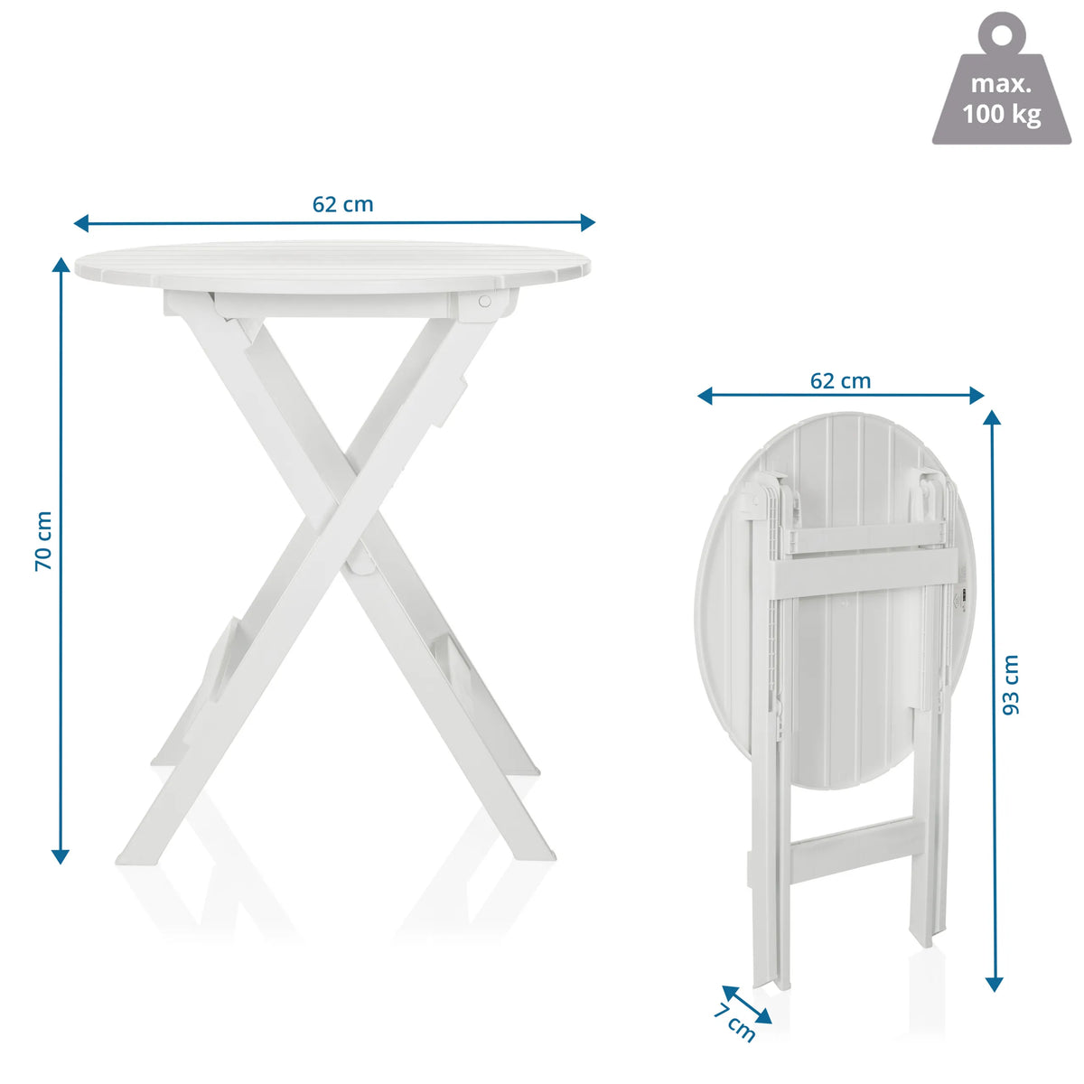 Disegno tecnico del Tavolo pieghevole TRAVANO T con 62 × 62 cm e un'altezza di 70 cm di hjh LIVING