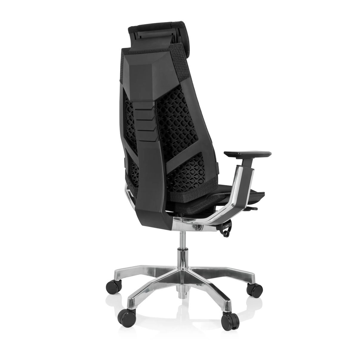 High-end Sedia da ufficio GENIDIA PRO nera con rivestimento in tessuto e base a cinque ruote di hjh OFFICE – vista a 360° (vista posteriore a tre quarti 140°)