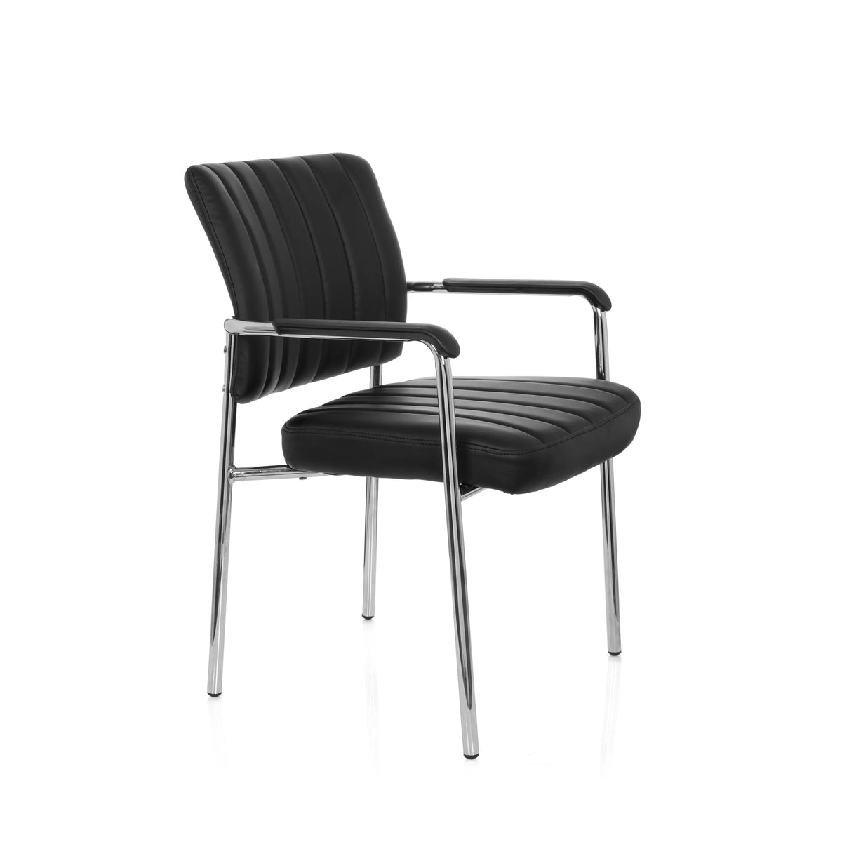 Sedia a quattro gambe SOMOS V nera con rivestimento in ecopelle, imbottitura trapuntata e braccioli di hjh OFFICE – vista a 360° (vista frontale a tre quarti 60°)