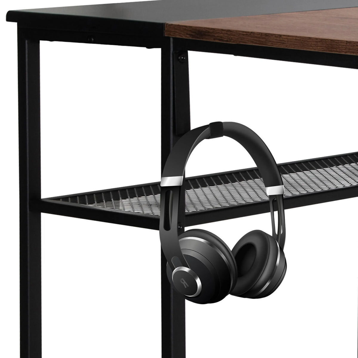 Cuffie sul ripiano della Scrivania WORKSPACE H I in nero-marrone di hjh OFFICE