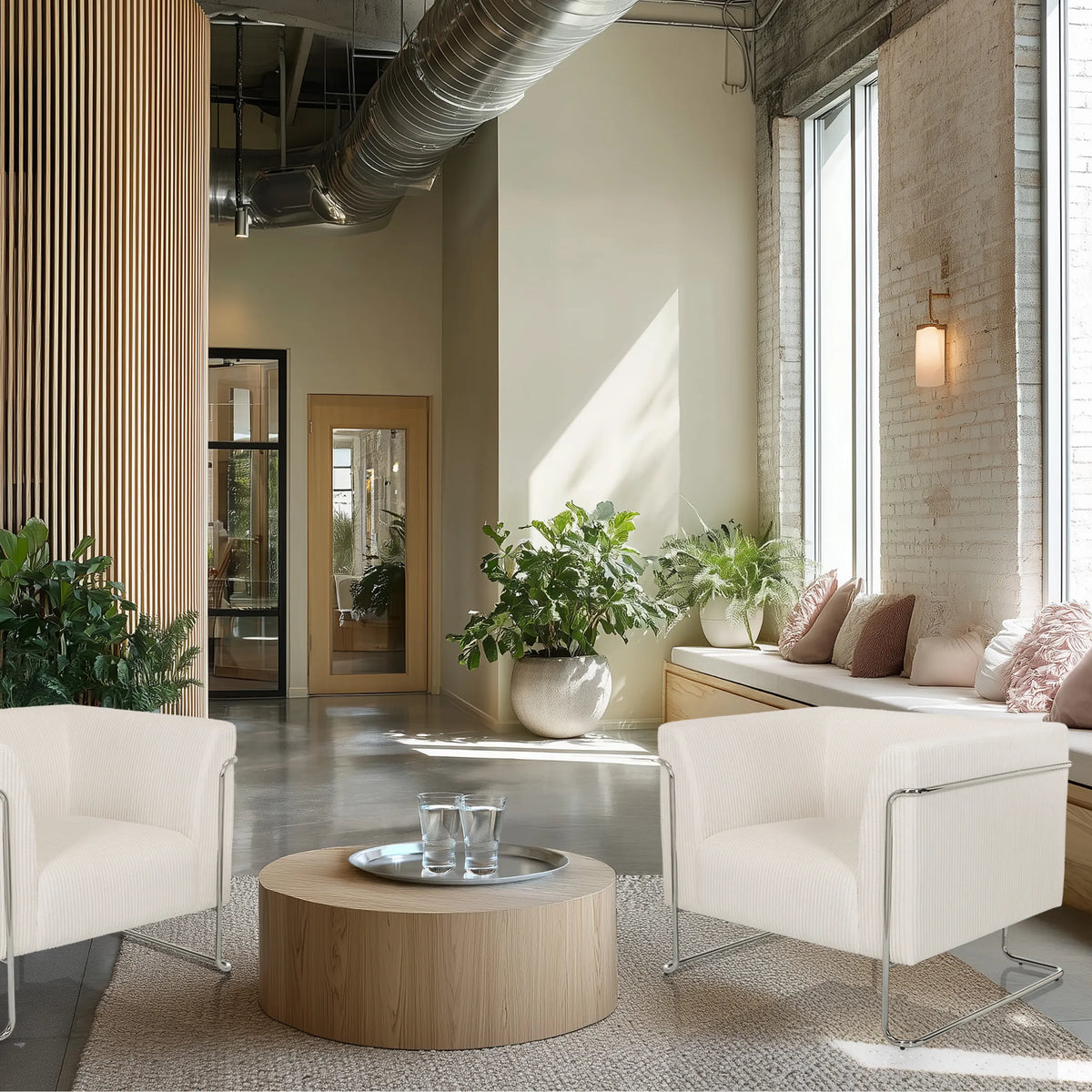 Due poltrone lounge Curacao Cord bianche con struttura in metallo e un tavolino rotondo di hjh LIVING