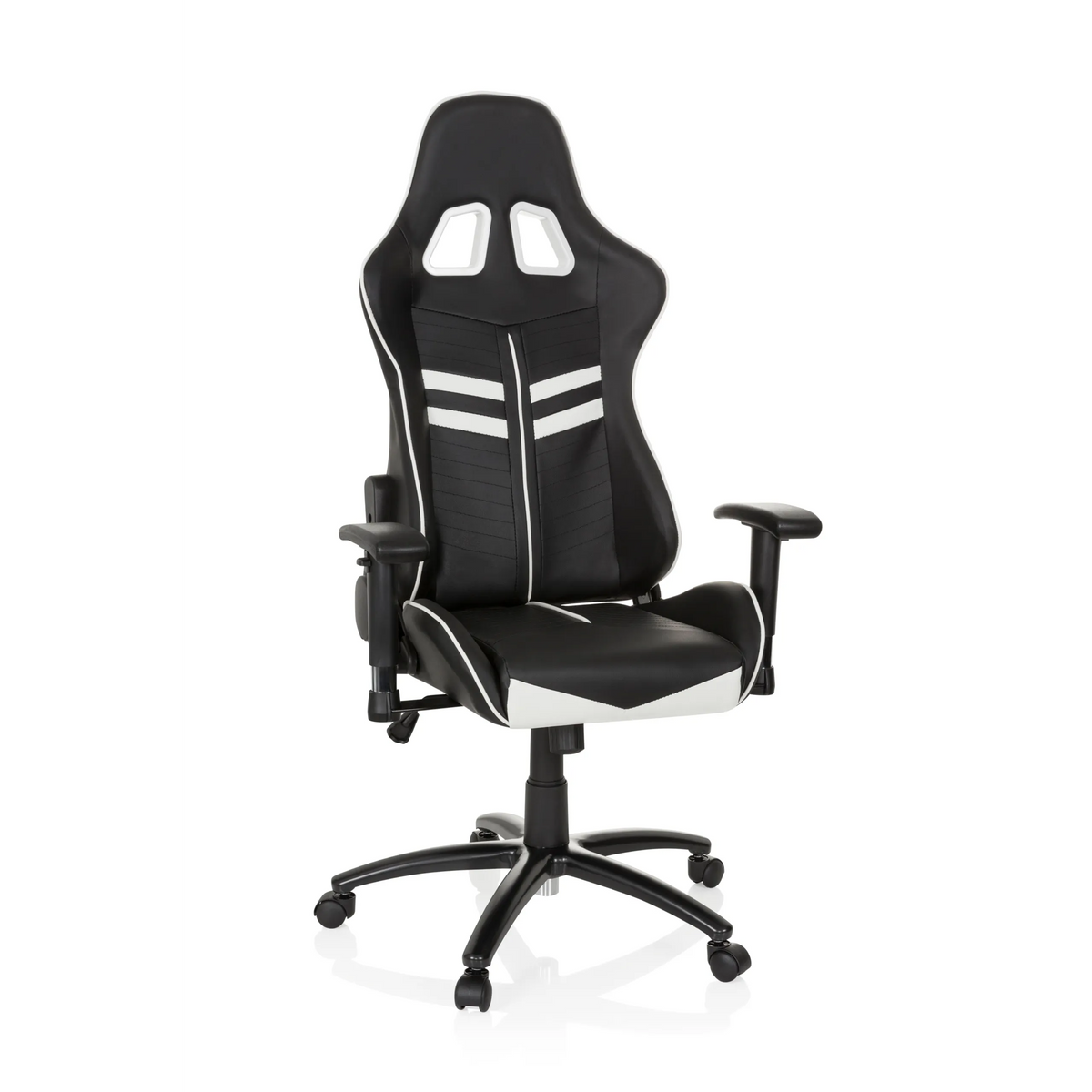 Sedia da gaming LEAGUE PRO bianca e nera con poggiatesta e base a cinque ruote di hjh OFFICE – vista a 360° (vista frontale 20°)
