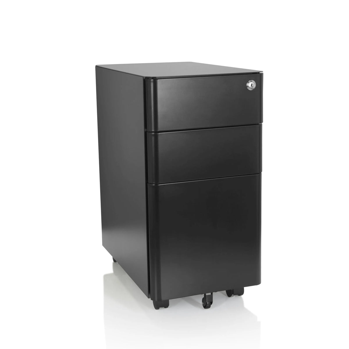 Cassettiera con rotelle COLOR I nera in metallo con tre cassetti e quattro ruote di hjh OFFICE – vista a 360° (vista frontale 20°)