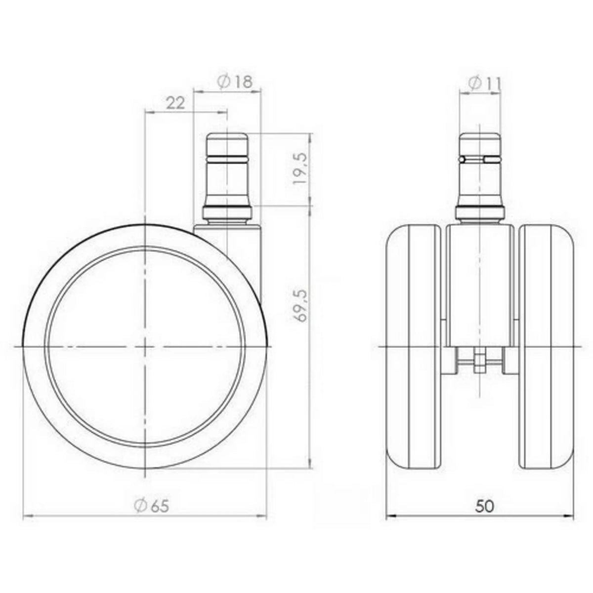 Technische Zeichnung der Stuhlrolle 5x ROLO FREE 11mm/65mm mit einem Durchmesser von 65 mm von hjh OFFICE