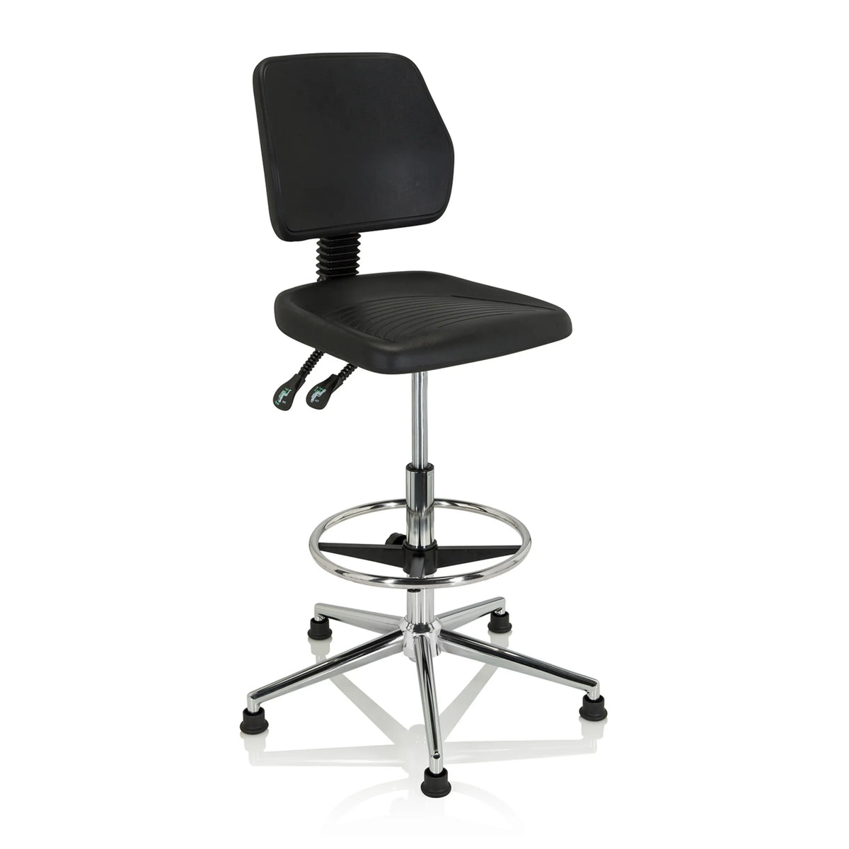 Sedia da banco nera TOP WORK 11 I con poggiapiedi e base a stella con piedini a slitta di hjh OFFICE