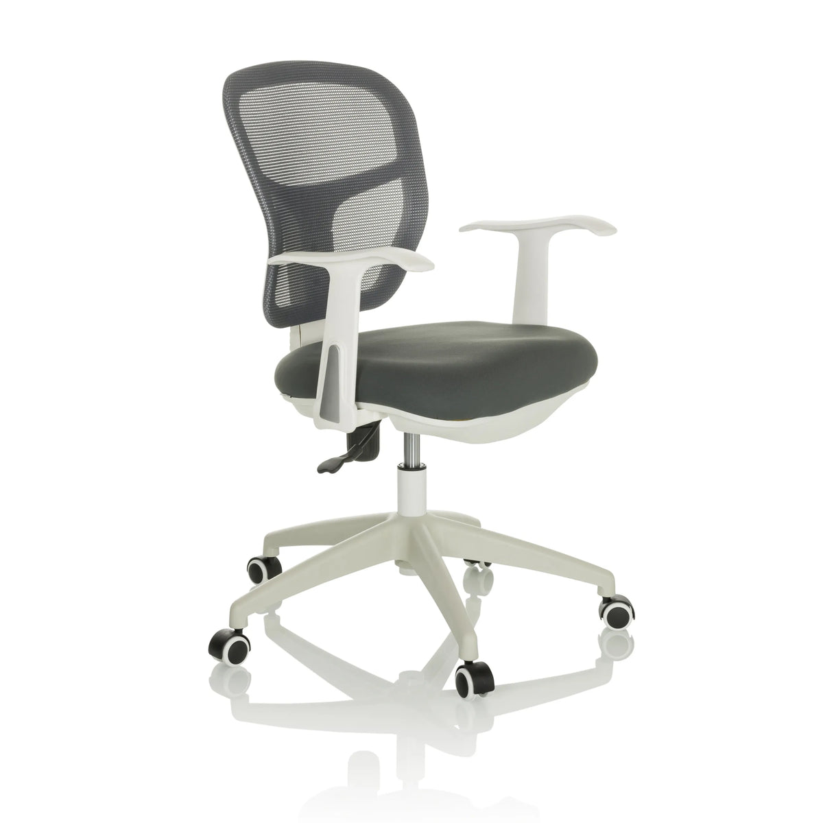 Grauer Homeoffice-Bürostuhl TOP 108 W mit Netzrücken und Fußkreuz mit fünf Rollen von hjh OFFICE – 360-Grad-Ansicht (schräge Frontansicht 45°)