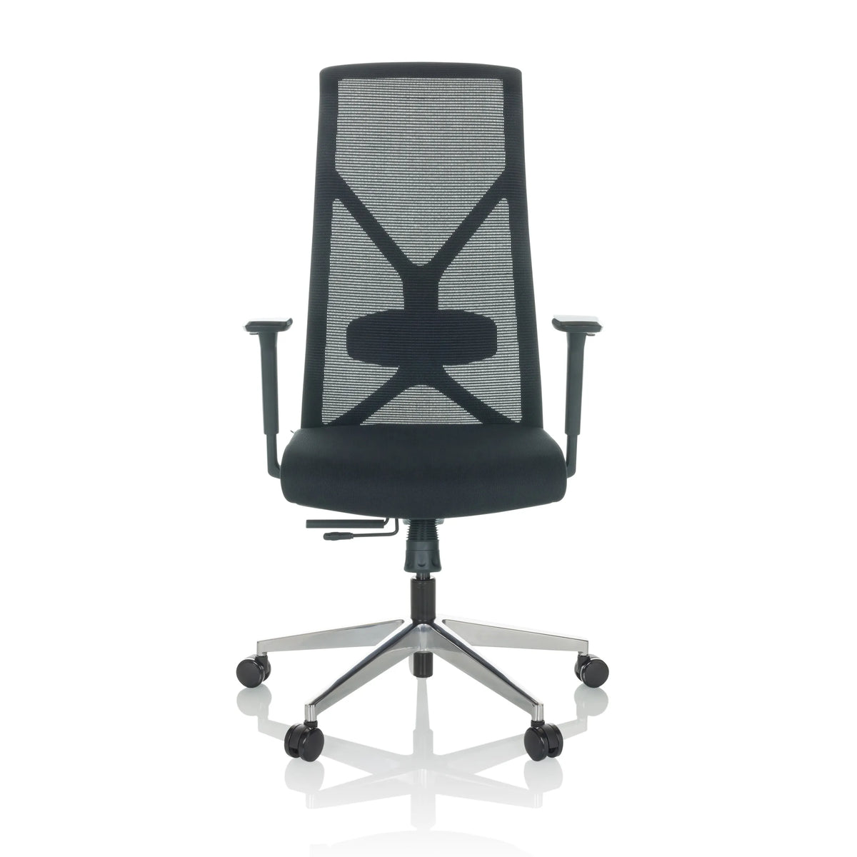 Sedia da ufficio professionale AZURRO B nera con schienale in rete e base a cinque ruote di hjh OFFICE – vista a 360° (vista frontale 0°)