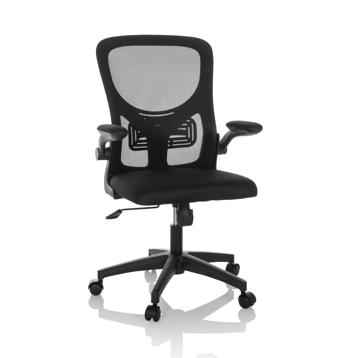 Sedia Home Office BELIO nera con schienale in rete e base a cinque ruote di hjh OFFICE – vista a 360° (vista frontale 15°)