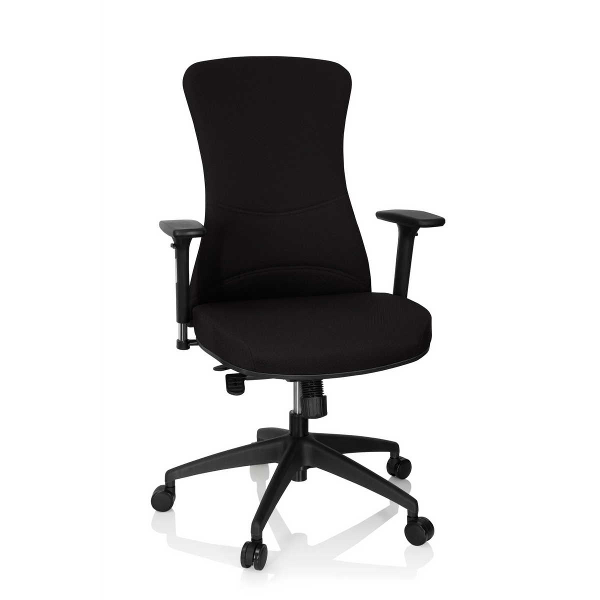 Sedia da ufficio professionale OFFICE XT PRO nera con braccioli e base a cinque ruote di hjh OFFICE – vista a 360° (vista frontale 20°)
