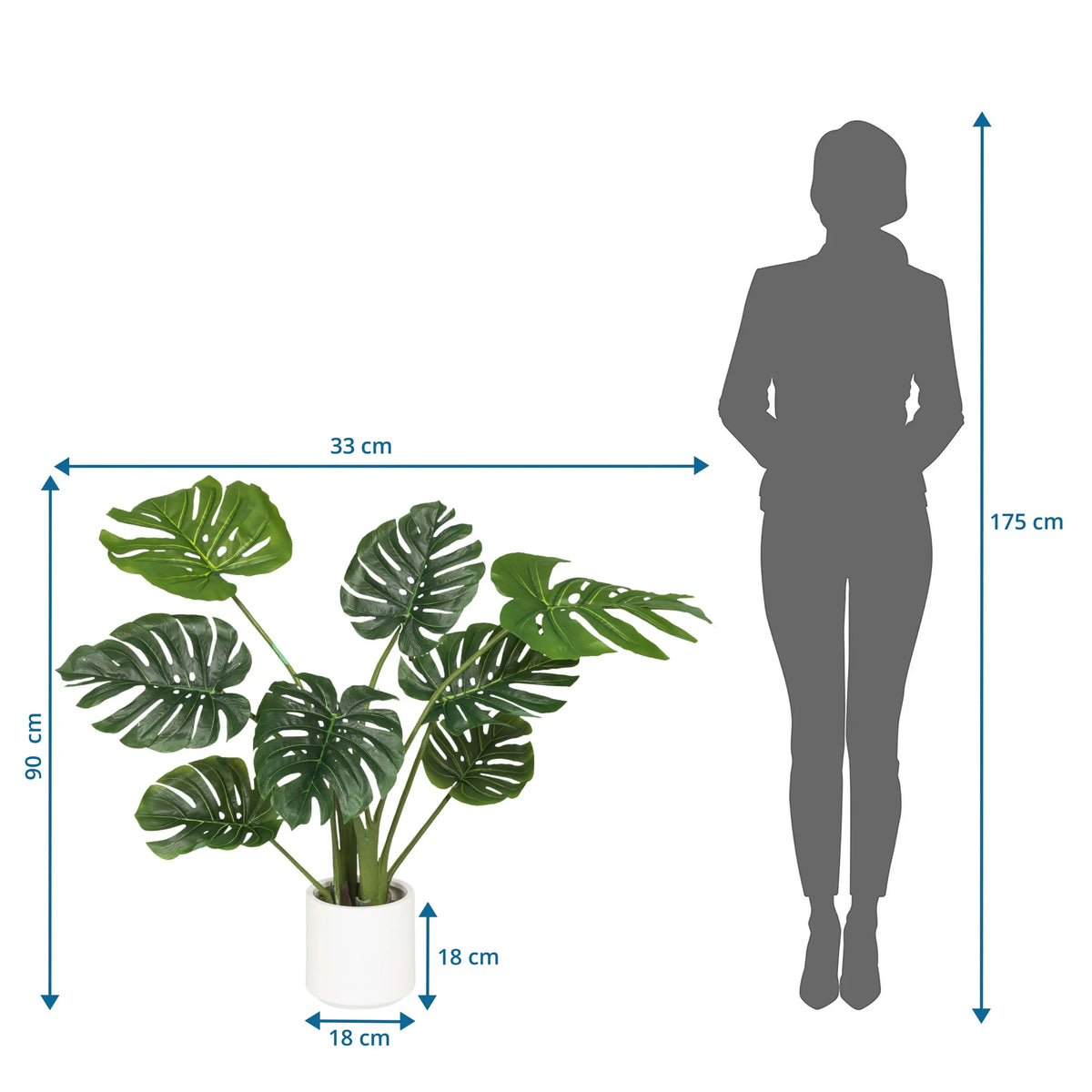 Disegno tecnico della Piante artificiali MONSTERA I con un'altezza di 90 cm e una larghezza di 33 cm di hjh OFFICE