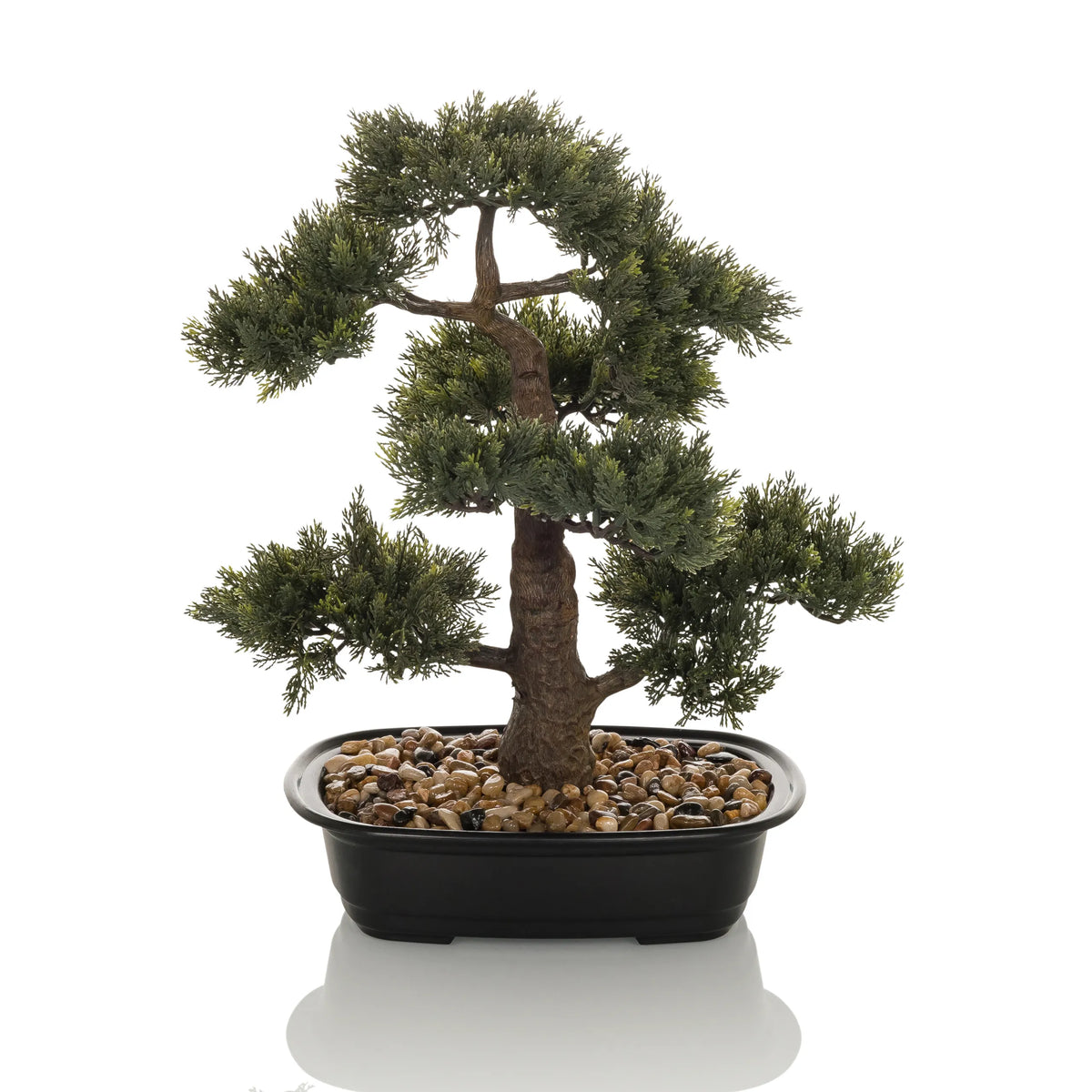 Grüne Kunstpflanze BONSAI in Form eines Bonsais in einem schwarzen Topf mit Kieselsteinen von hjh OFFICE – 360-Grad-Ansicht (Seitenprofil 90°)