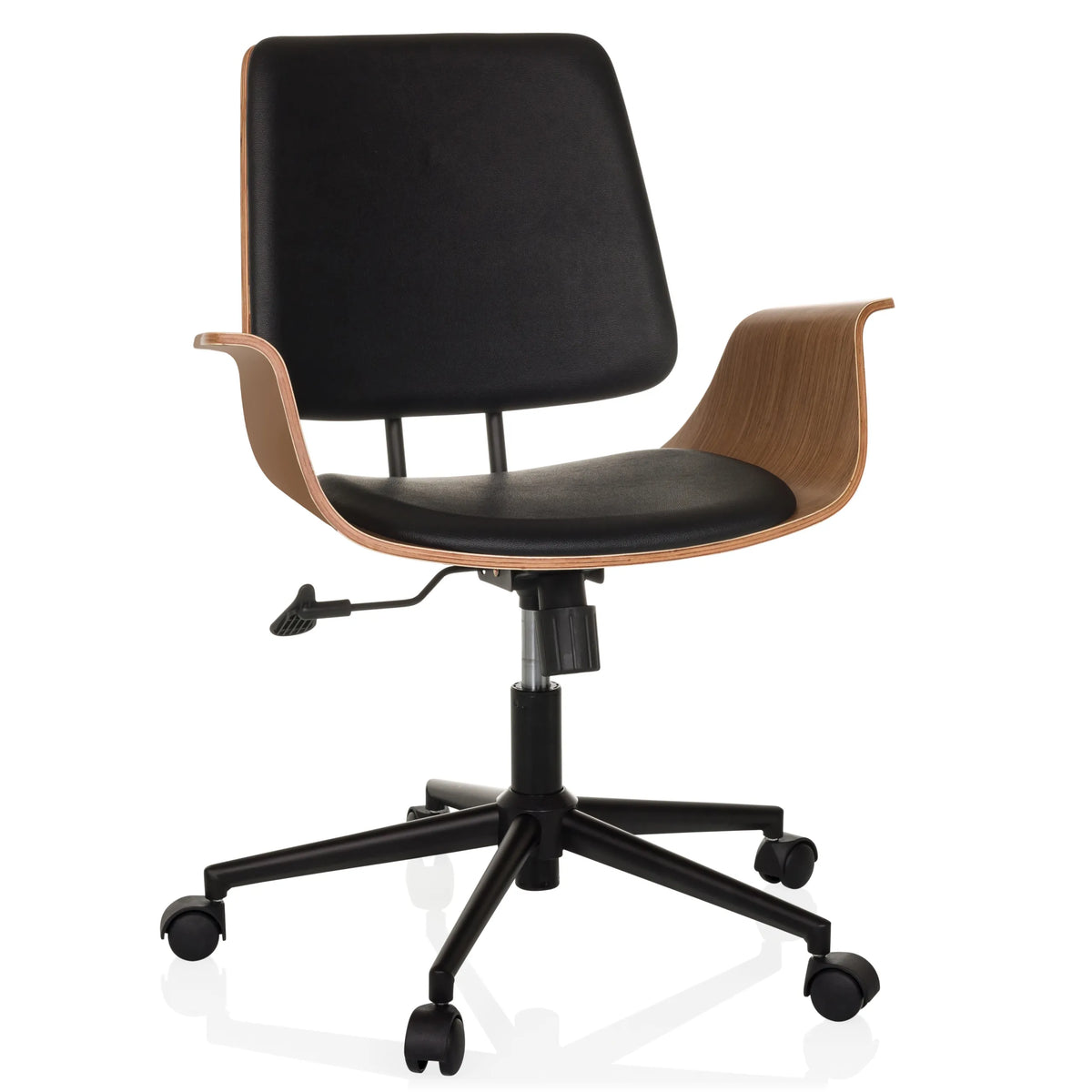 Sedia Home Office CENCA II nera con scocca in legno e base a cinque ruote di hjh LIVING – vista a 360° (vista frontale 15°)
