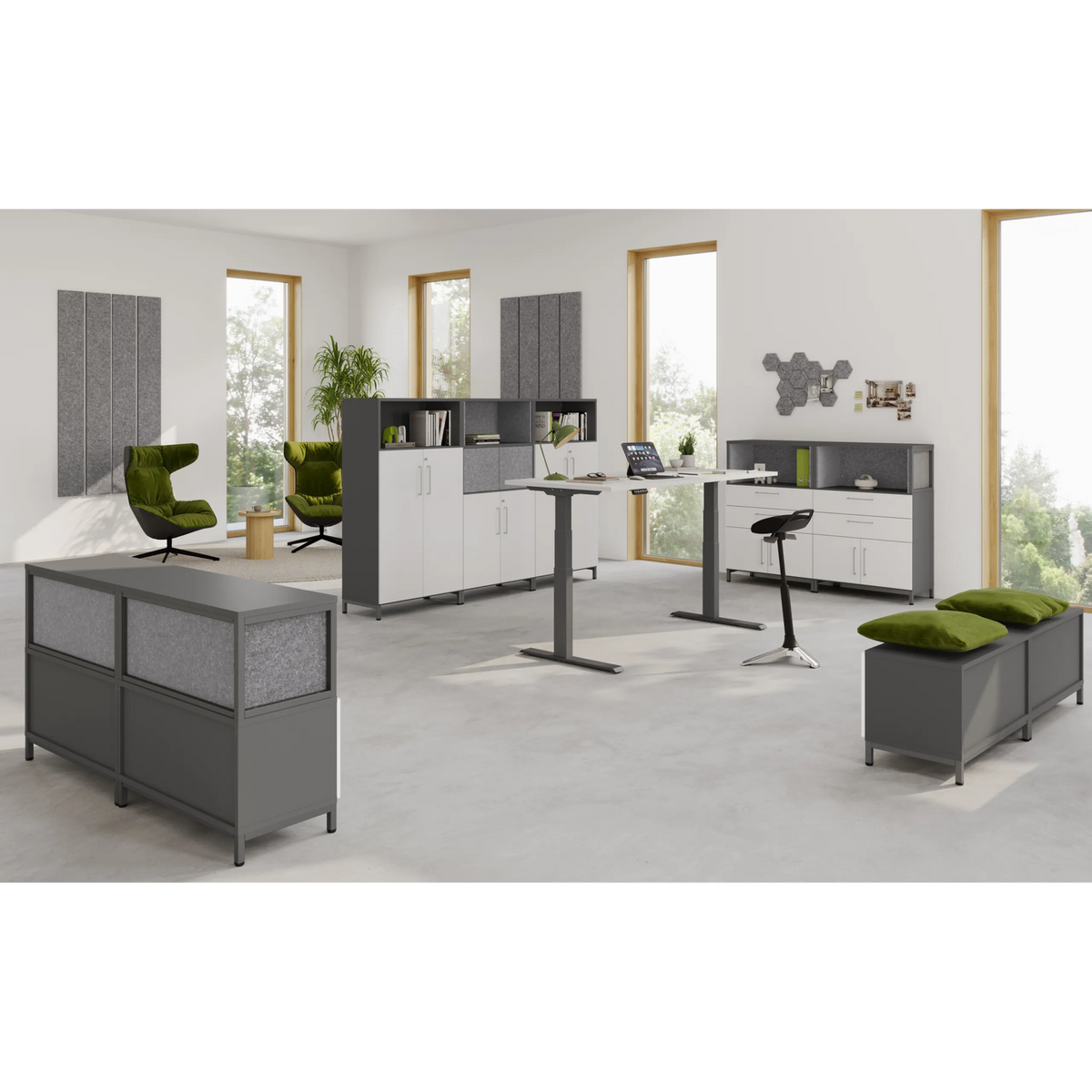 Aufsatzkorpus der Serie FlexWall in Graphit mit integrierten Regalfächern von hjh OFFICE PRO
