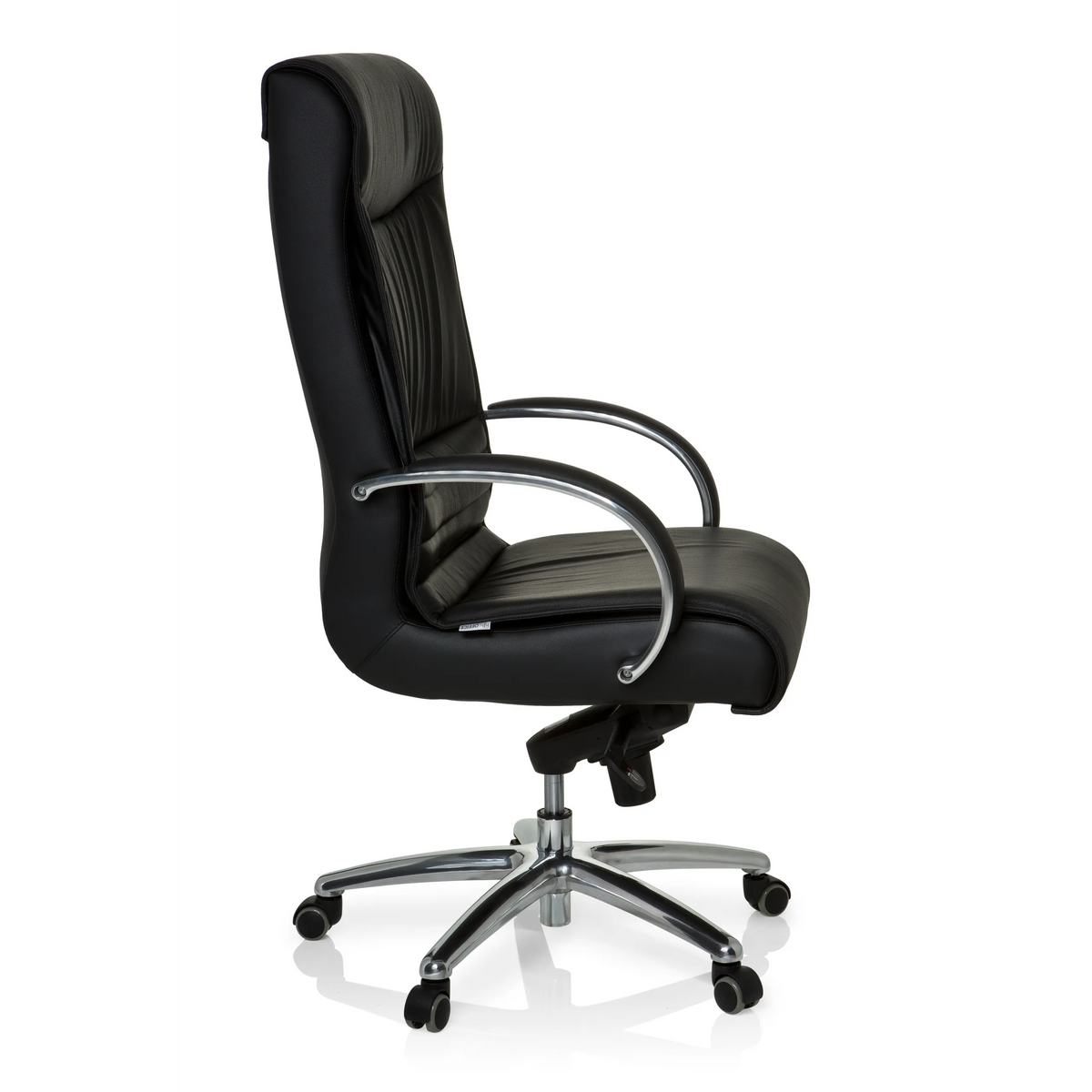 Sedia girevole XXL F 400 nera in pelle con base a stella e cinque ruote di hjh OFFICE – vista a 360° (profilo laterale 80°)