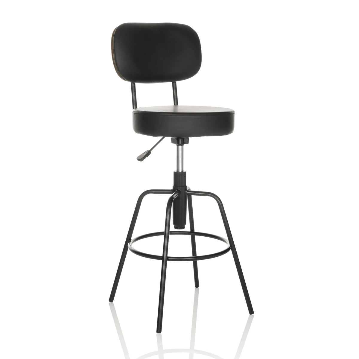 Sgabello da bar nero DISC HIGH con schienale e poggiapiedi rotondo di hjh OFFICE – vista a 360° (vista frontale a tre quarti 30°)